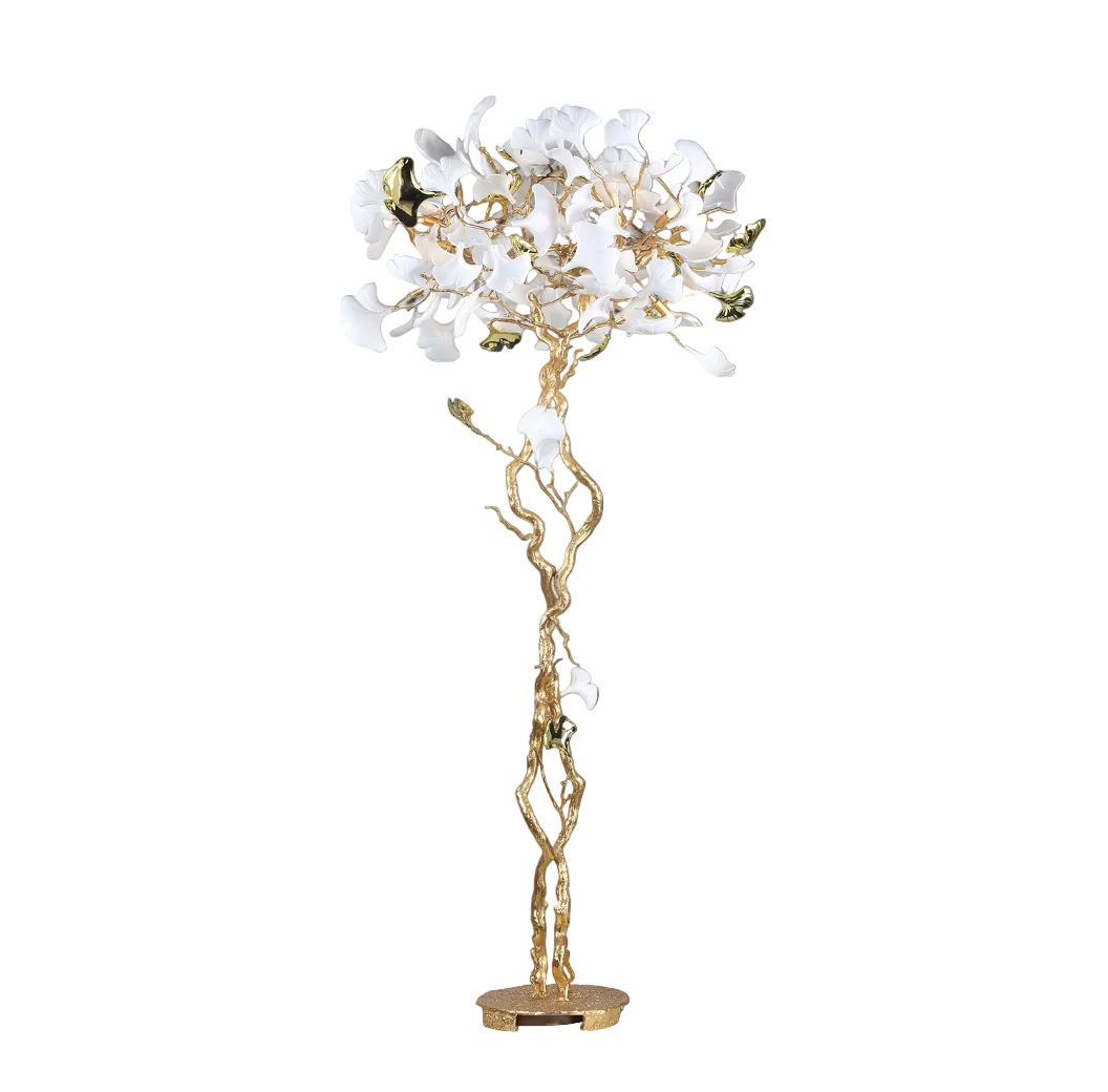 Detailed view of the intricately sculpted glass petals on the Prano floor lamp, capturing a sophisticated and warm artistic mood.