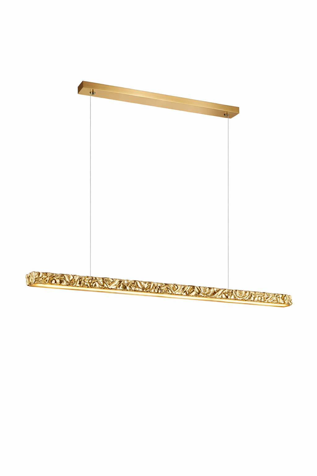 Detailed view of the intricately textured gold surface on the VORELLI Ecliptica rectangular chandelier, emphasizing its artisan craftsmanship.