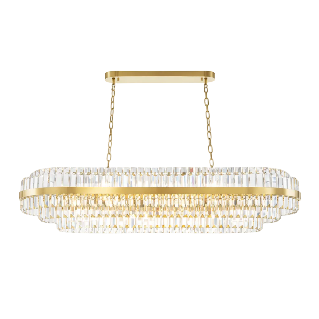 Detailed view of the multi-tiered crystal bars on the VORELLI Belair rectangular chandelier, showcasing its refined elegance.