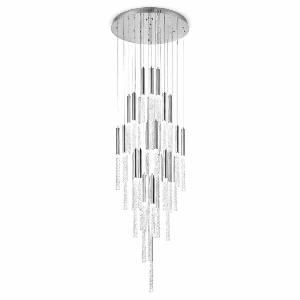 Detailed view of the Nyon Pendant Chandelier by Vorelli, highlighting the intricate texture of the cascading crystal cylinders and the warm glow of integrated LED lighting.