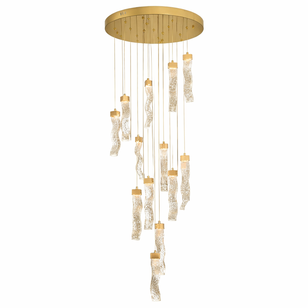 Detailed view of the Palazzo pendant staircase chandelier by VORELLI, capturing the sophisticated glow and artistic mood of the cascading crystals.