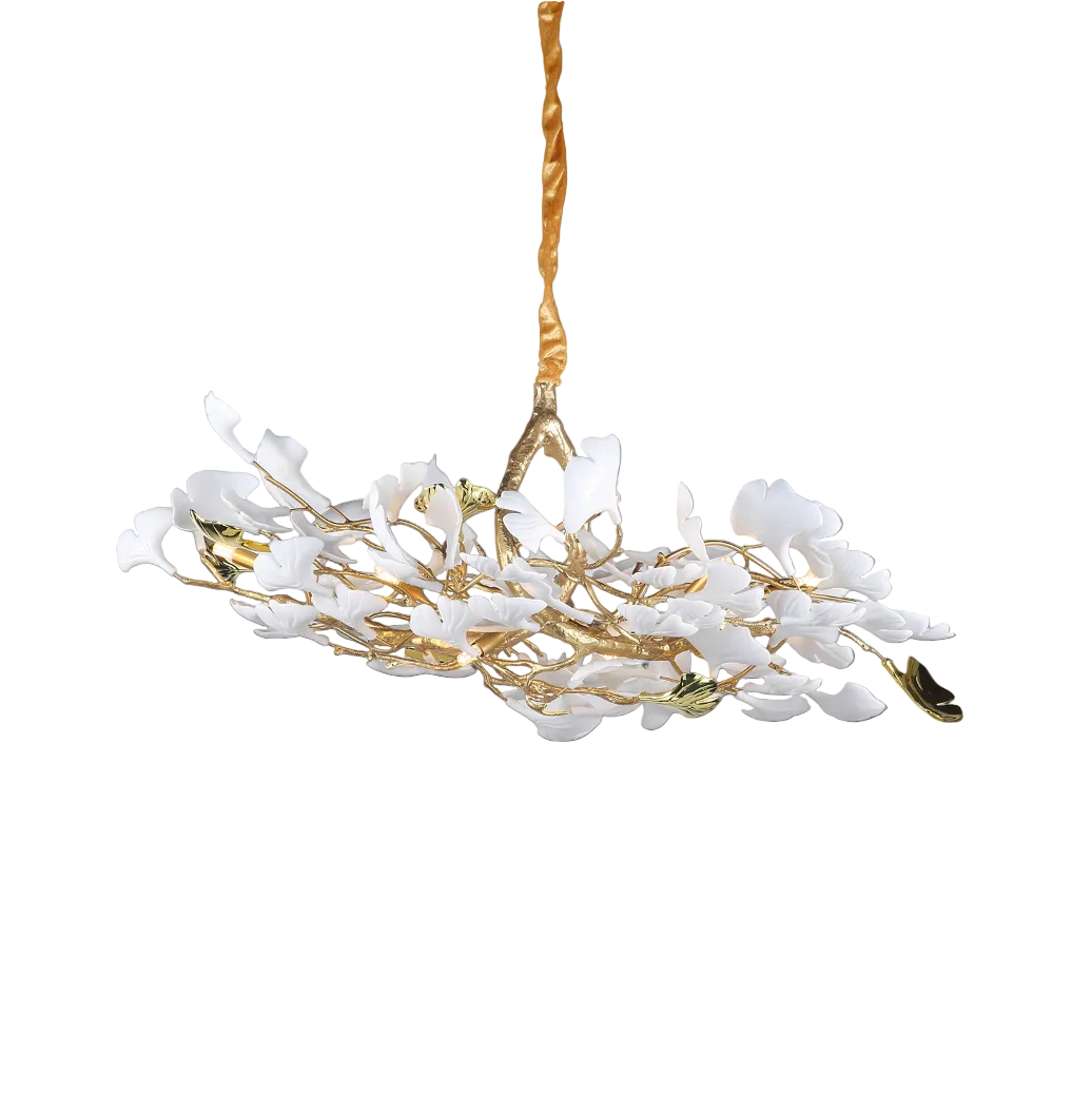 Detailed view of the refined, organic branching structure and delicate porcelain petals of the VORELLI Prano Rectangular Chandelier II.