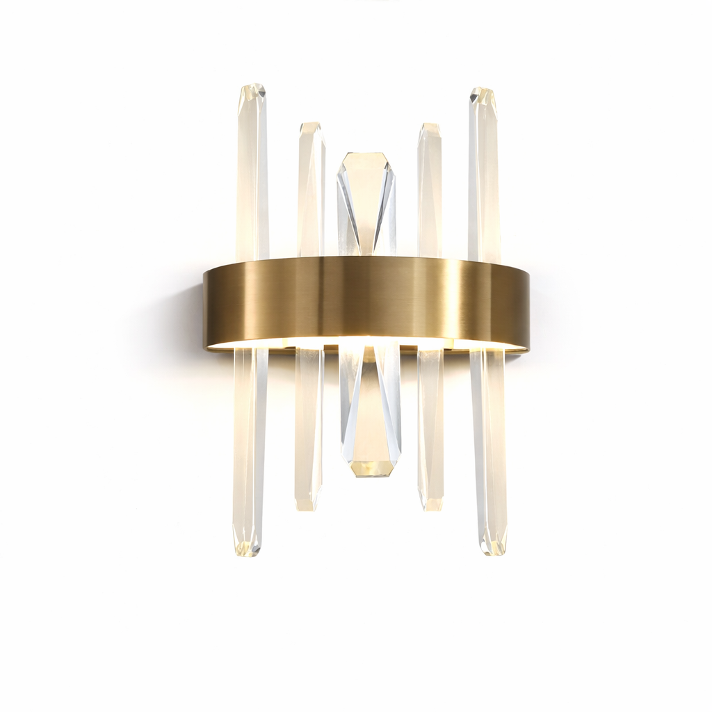 Detailed view of the symmetrical vertical diamond-cut crystals on the VORELLI Grantchester wall light, capturing the intricate play of light.