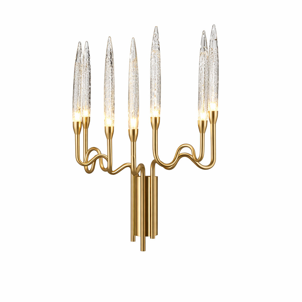 Detailed view of the Tiddington Wall Light by VORELLI, highlighting the unique textures of the bubble-effect crystal cone against a sophisticated interior background.