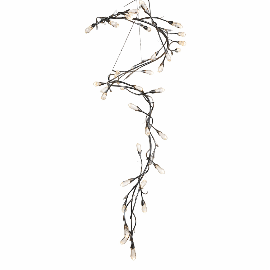 Detailed view of the Virella linear chandelier showcasing the intricate placement of delicate crystal drops cascading in a vertical alignment.