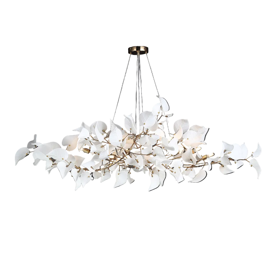 Detailed view of the VORELLI Fiorella rectangular chandelier, emphasizing the intricate arrangement of sculptural floral accents and its sophisticated mood.