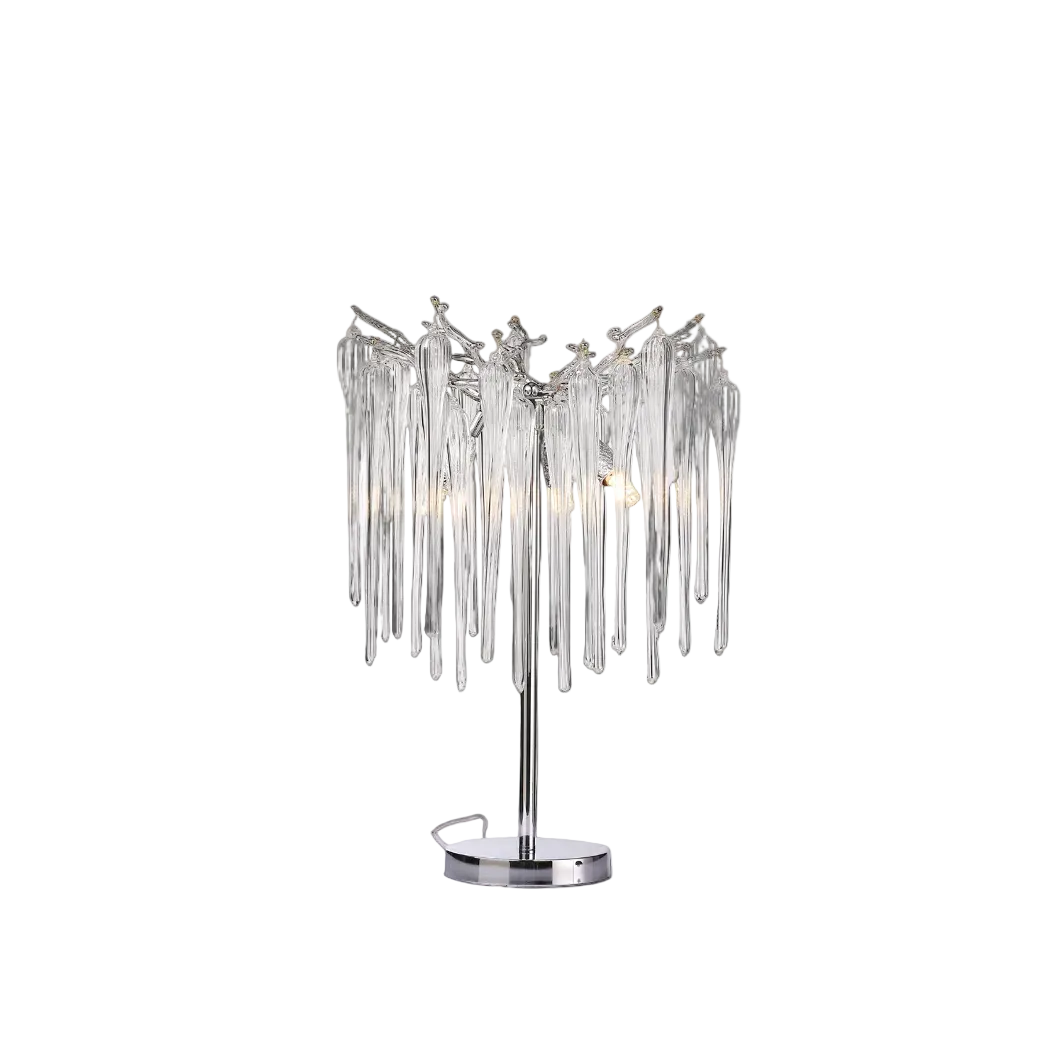 Detailed view of the VORELLI Icicle Table Lamp, capturing the quiet elegance and intricate textures of the sculpted glass icicles.