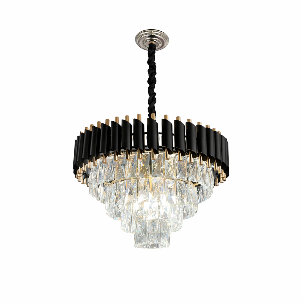 Detailed view of the VORELLI Milltimber pendant light's geometric silhouette, capturing the sophisticated glow filtering through the luxury crystal accents.