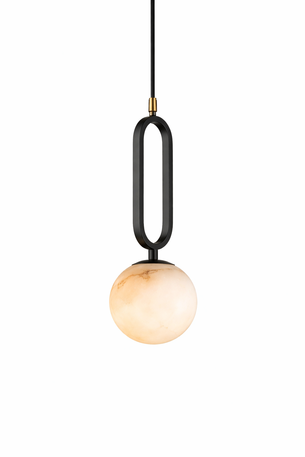 Detailed view of the VORELLI Uno marble pendant light capturing the ambient warmth and luxurious texture of its illuminated orb.