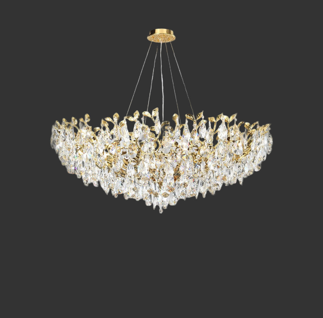 Dewdrop circular chandelier by VORELLI® featuring golden sculpted leaves and cascading faceted crystal drops