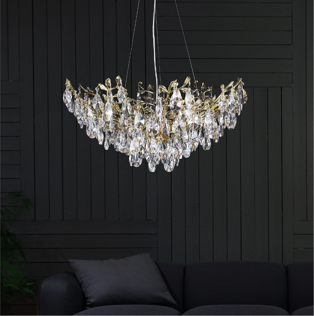 Dewdrop circular chandelier by VORELLI® with sculpted golden branches and cascading crystal teardrops in an elegant interior