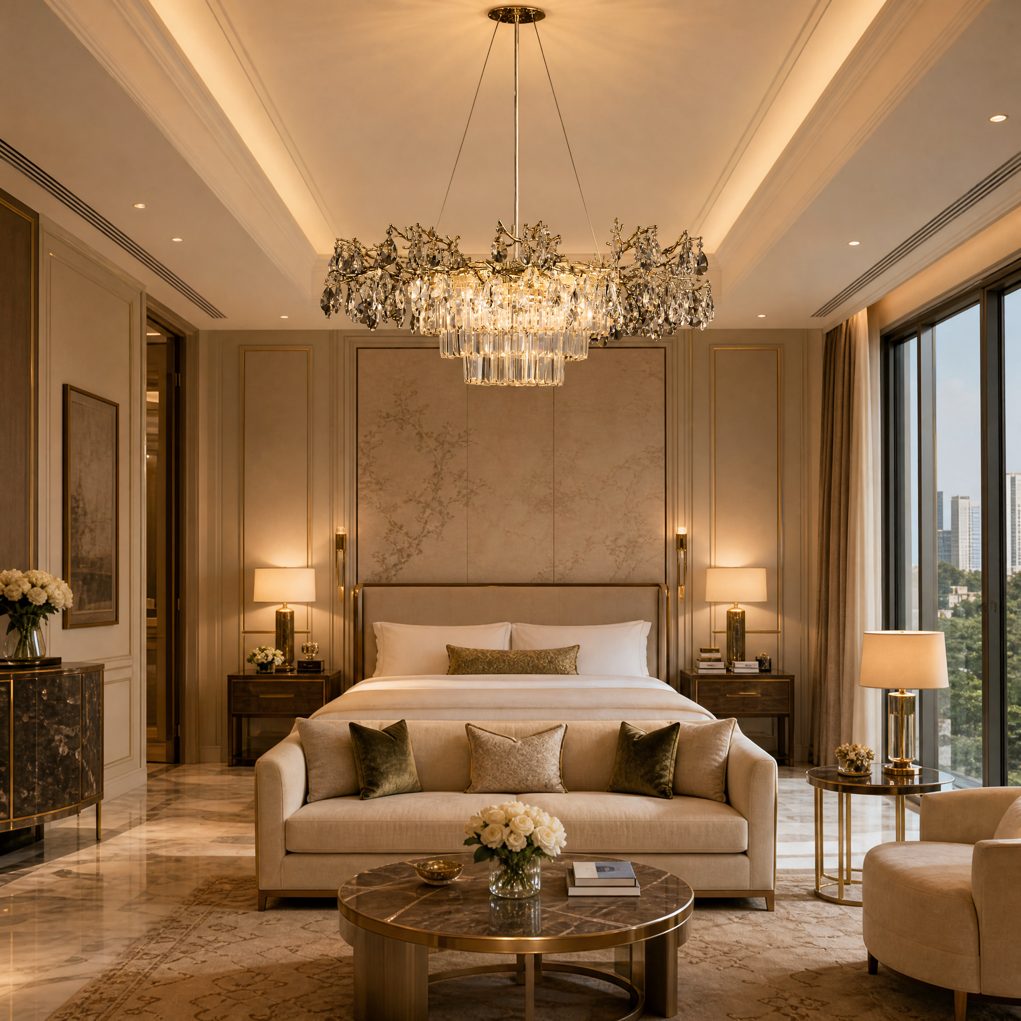 A grand hospitality setting featuring the VORELLI Dewdrop Circular Chandelier V, enhancing a boutique hotel lobby with its sculptural frame and cascading crystal drops.