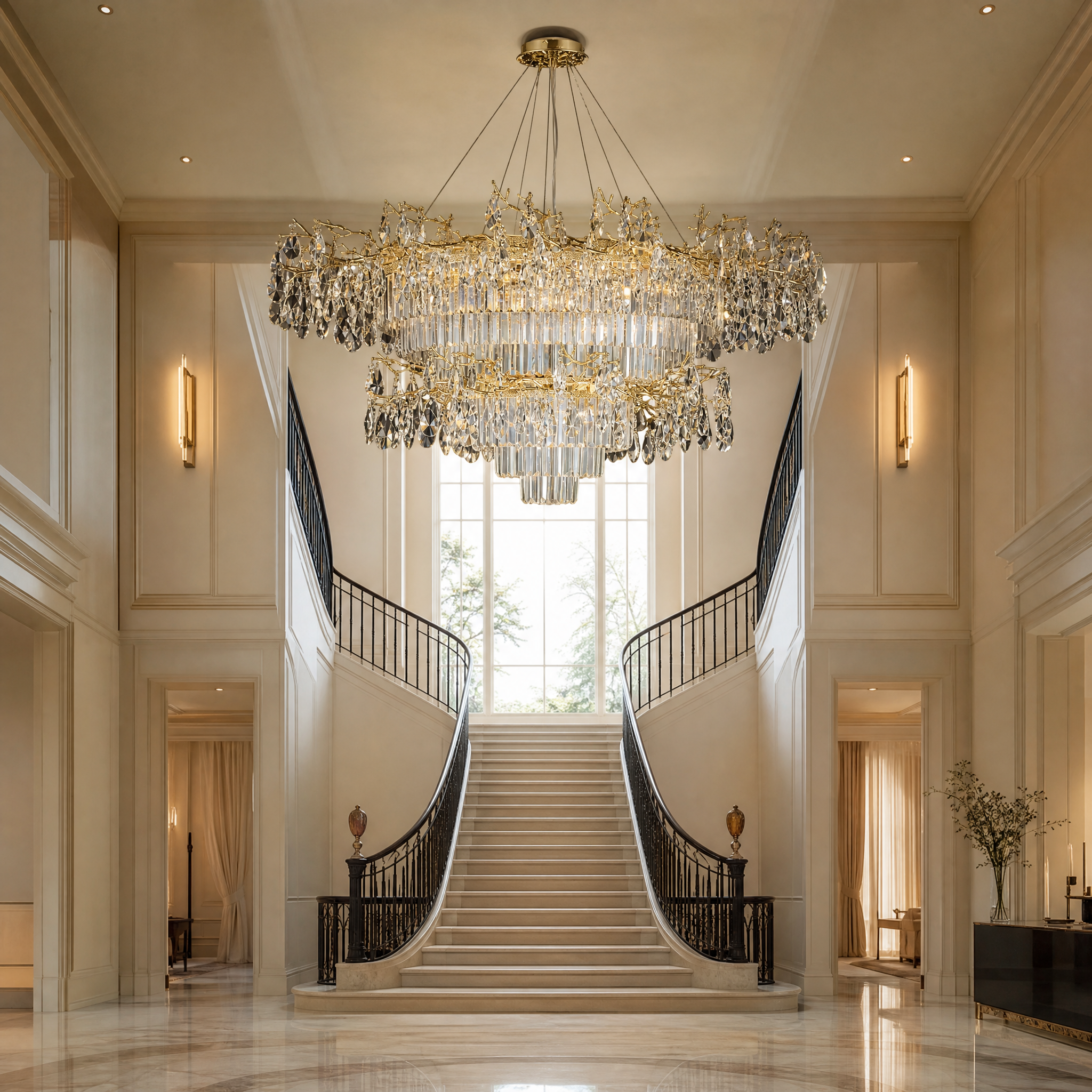 VORELLI Dewdrop Grandeur staircase chandelier cascading through a luxury multi-story residential foyer with warm ambient lighting reflection.