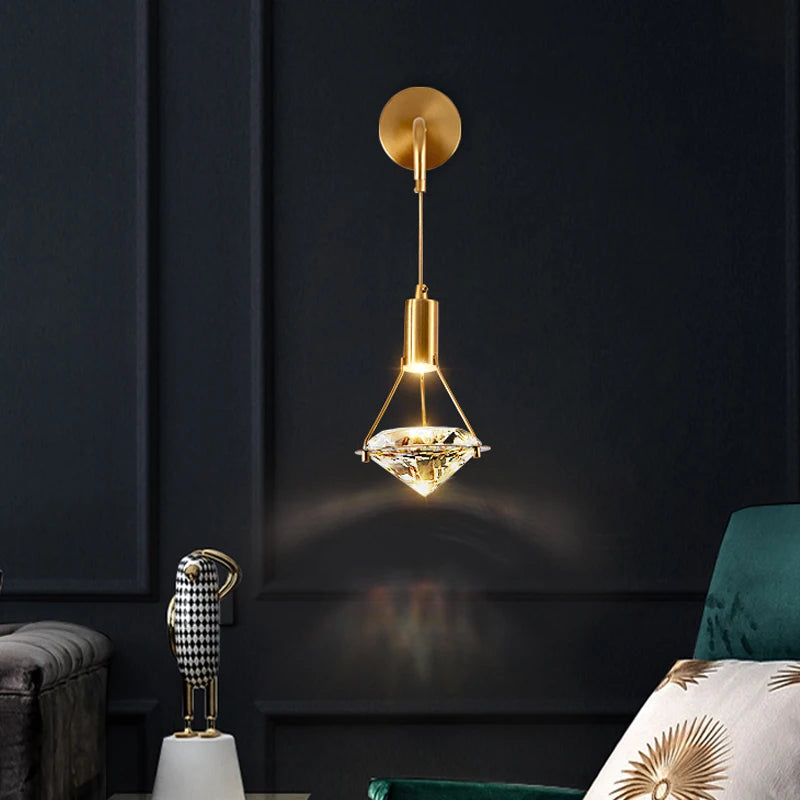 Diamante Wall Light with faceted crystal pendant and gold frame
