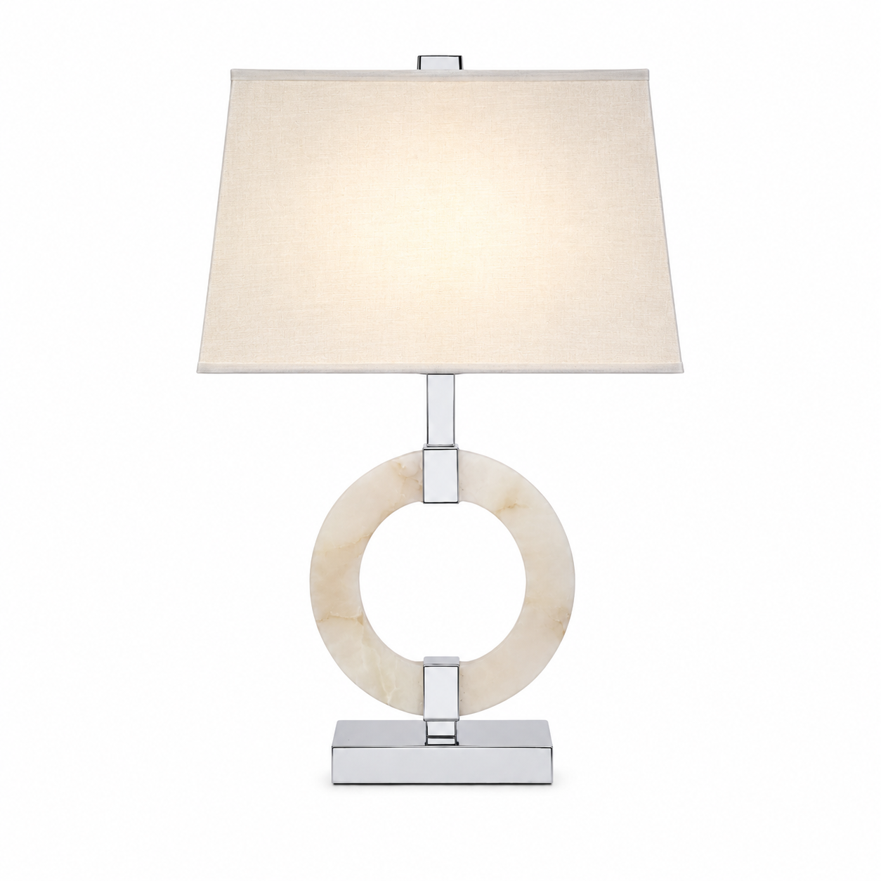 Direct view of the Anello lamp's perfect circular design, illustrating the balance of classic marble materials with avant-garde styling.