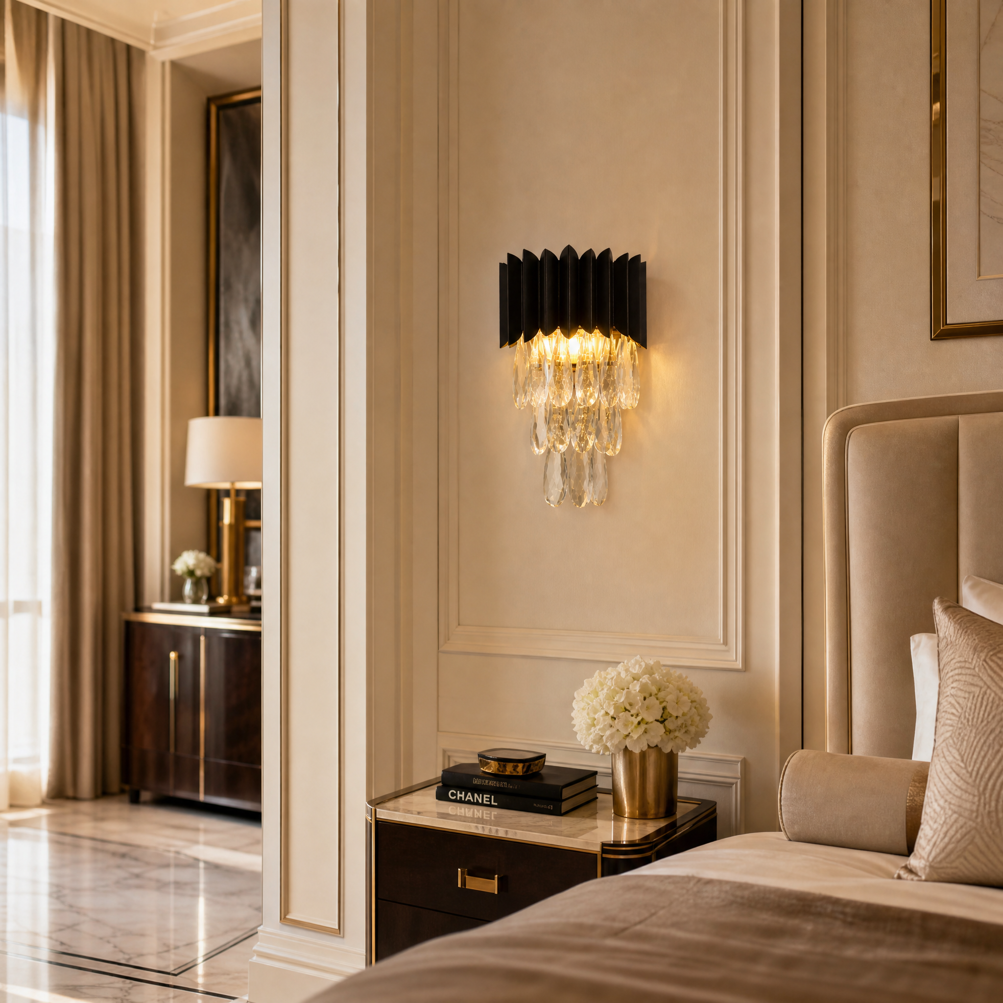 Elegant VORELLI Doral Wall Lights illuminating a high-end hospitality setting, showcasing sophisticated design and unique style.