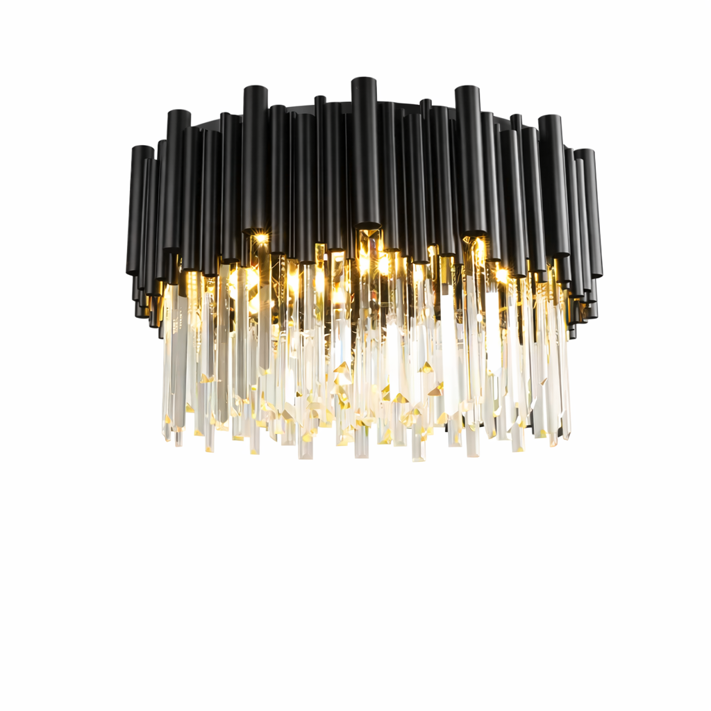 Dramatic ambient mood lighting reflecting from the VORELLI Gotham ceiling fixture in a darkly styled, modern room.