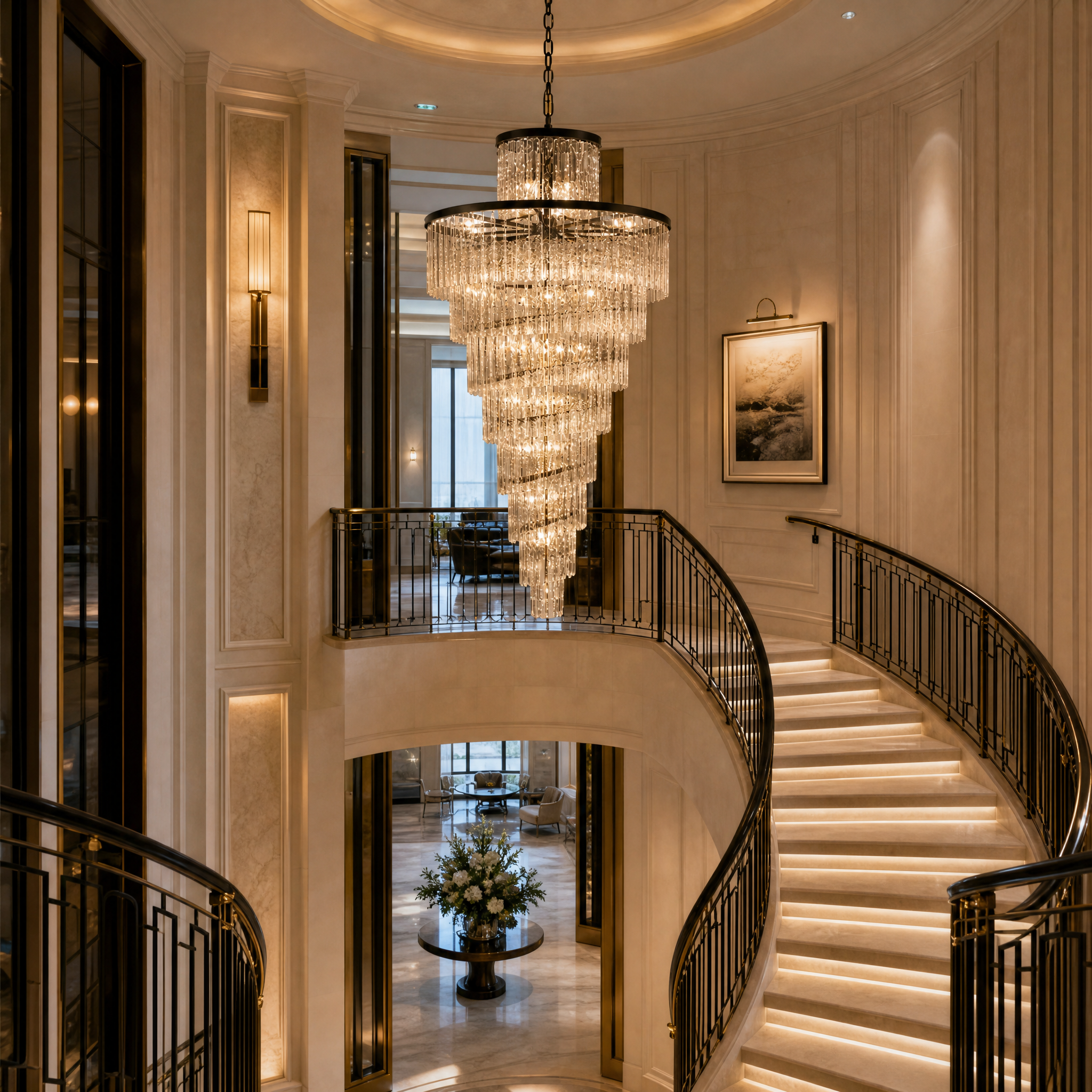 Upscale hospitality lounge featuring the Dunleavy crystal chandelier as a captivating architectural focal point.