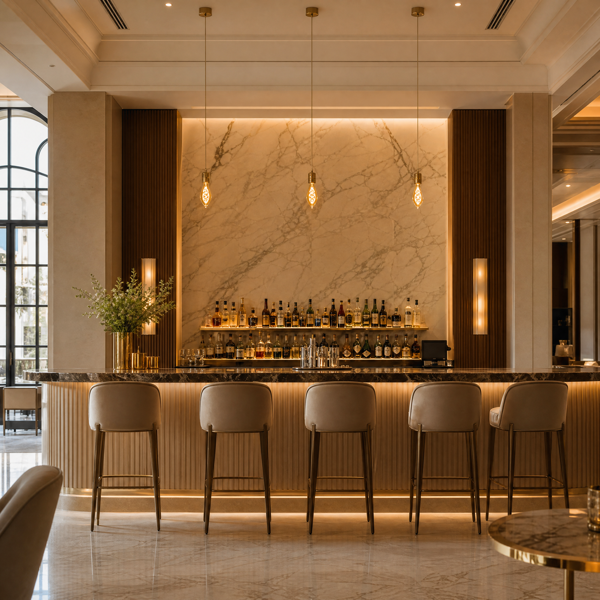 A row of VORELLI E14 3W LED spiral filament bulbs in antique-bronzed glass illuminating a sophisticated hospitality restaurant setting with nostalgic warmth.