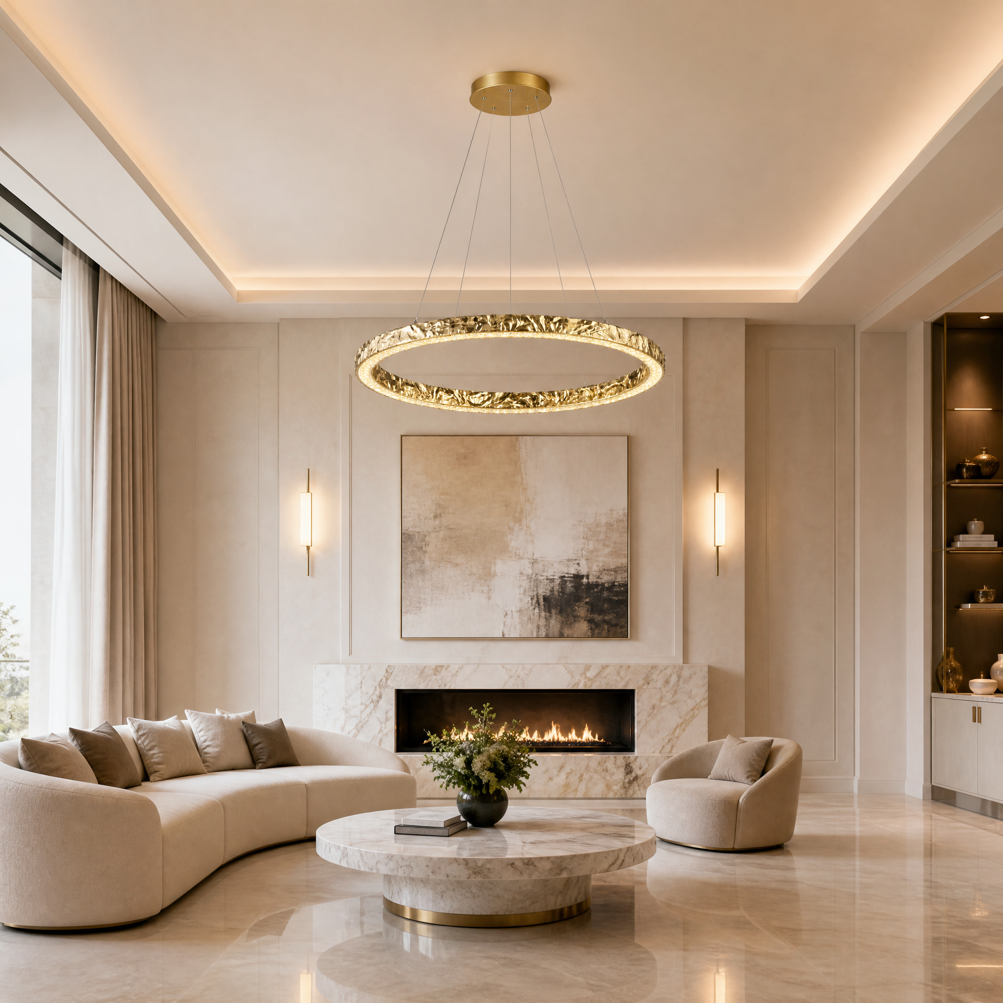 A modern Ecliptica circular chandelier with a textured gold finish suspended above a sophisticated dining room table.