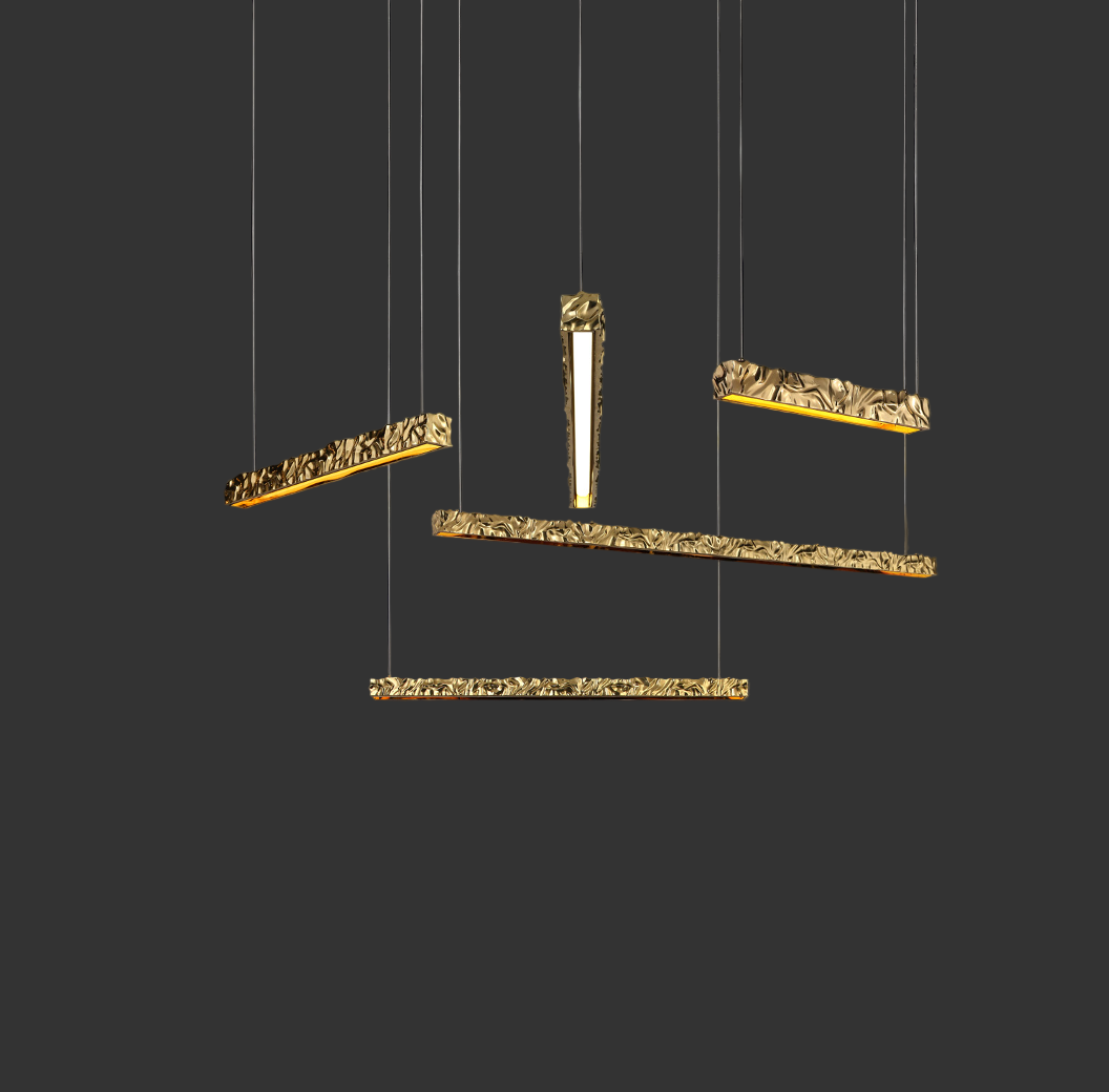 Ecliptica pendant staircase chandelier by VORELLI® featuring suspended textured gold pendants in a modern luxury stairwell