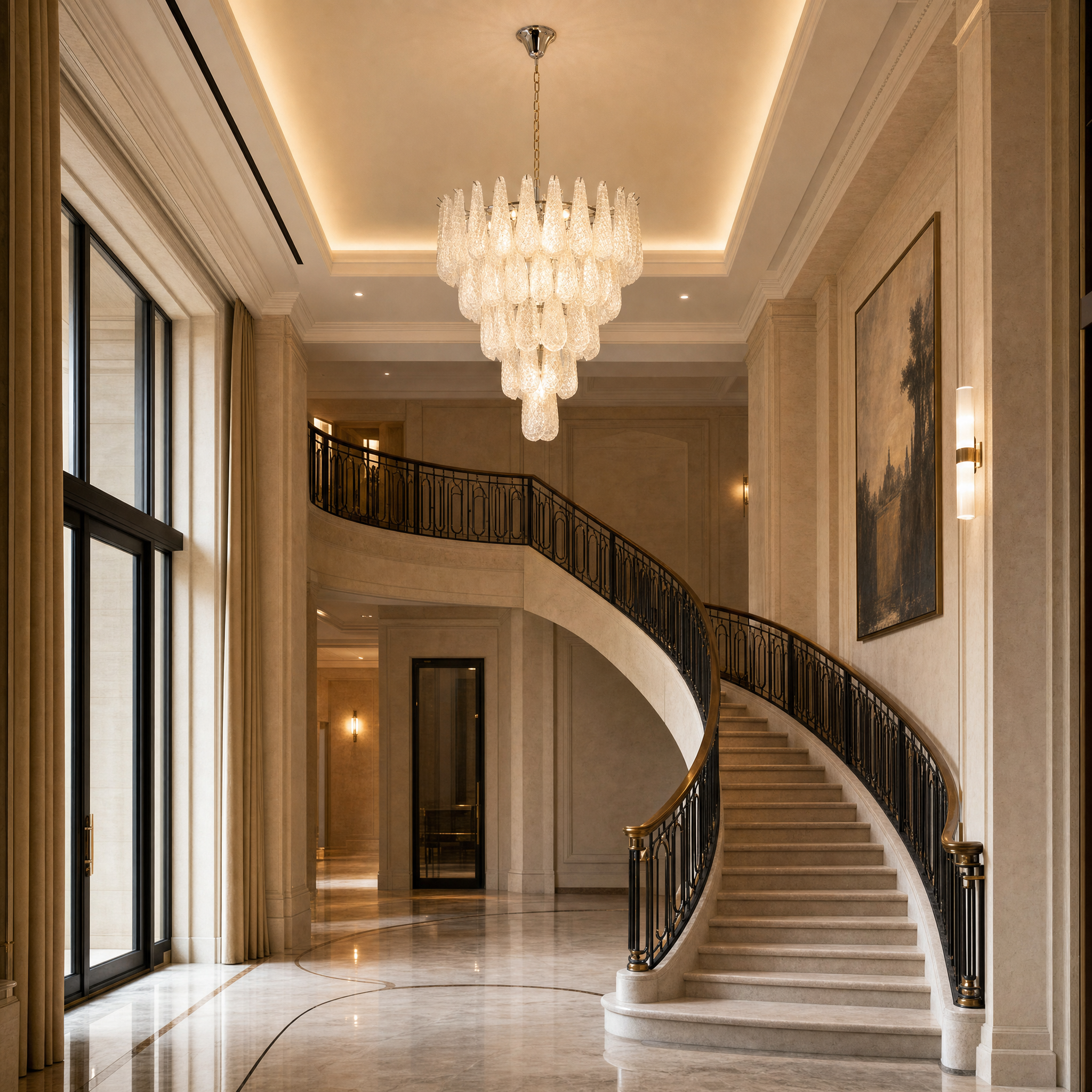 The artistic and decorative VORELLI Eclissi Grandeur chandelier installed as a grand centerpiece in an upscale hospitality lounge, creating a sophisticated ambiance.