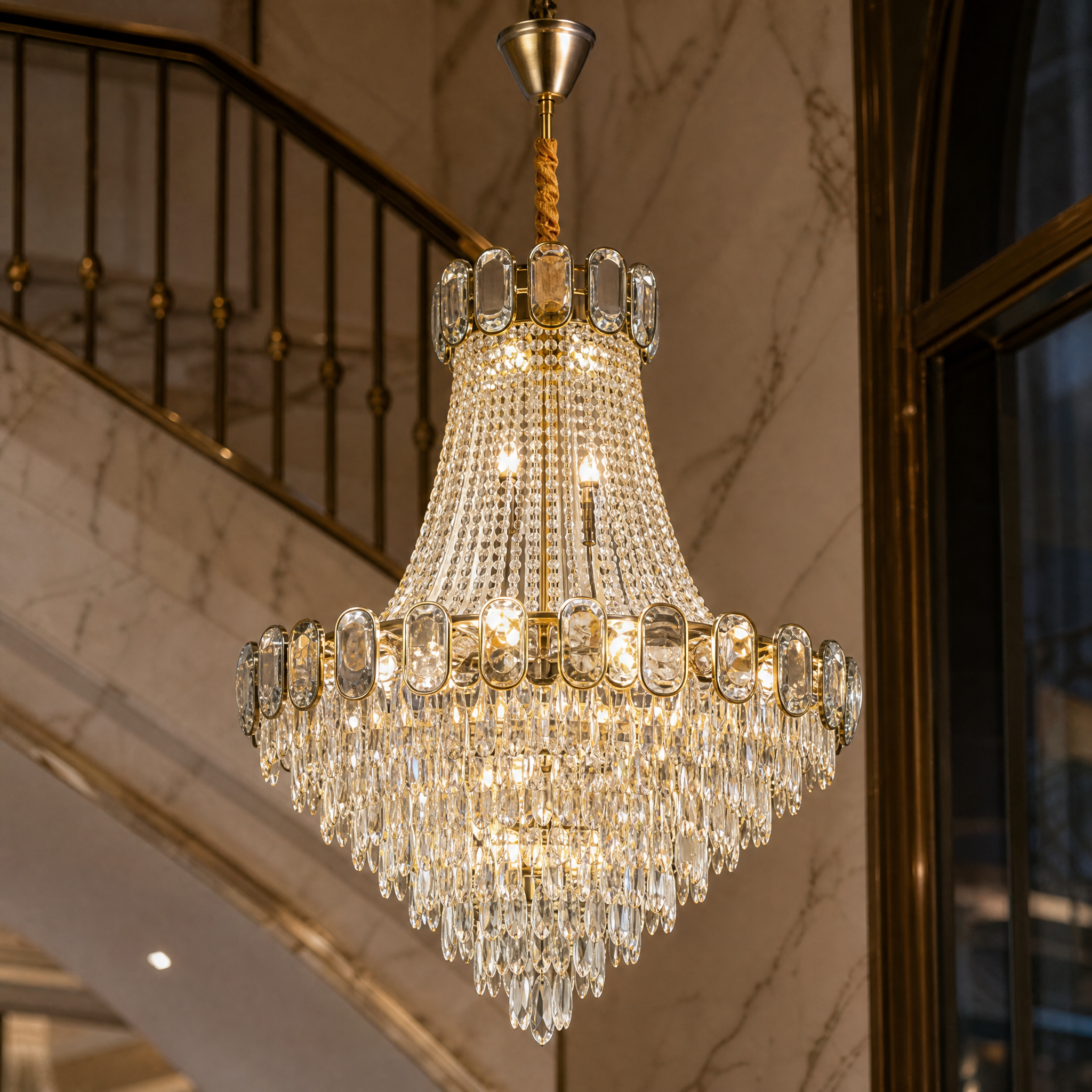 Macro shot of the VORELLI Edison Grandeur chandelier highlighting the shimmering crystal accents and timeless intricate design.