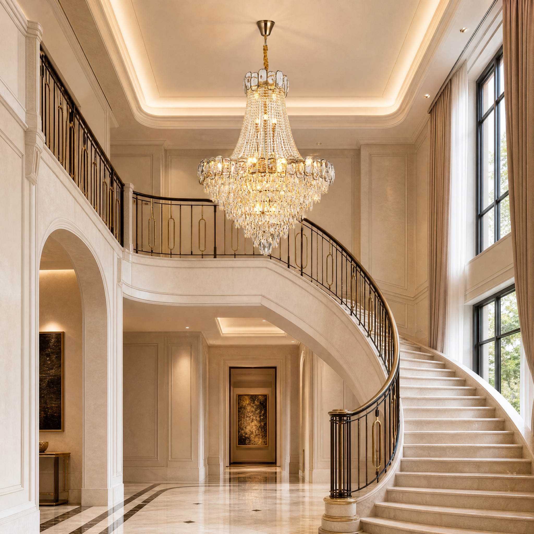 VORELLI Edison Grandeur staircase chandelier illuminating a luxury residential multi-story entryway with classic crystal elegance.