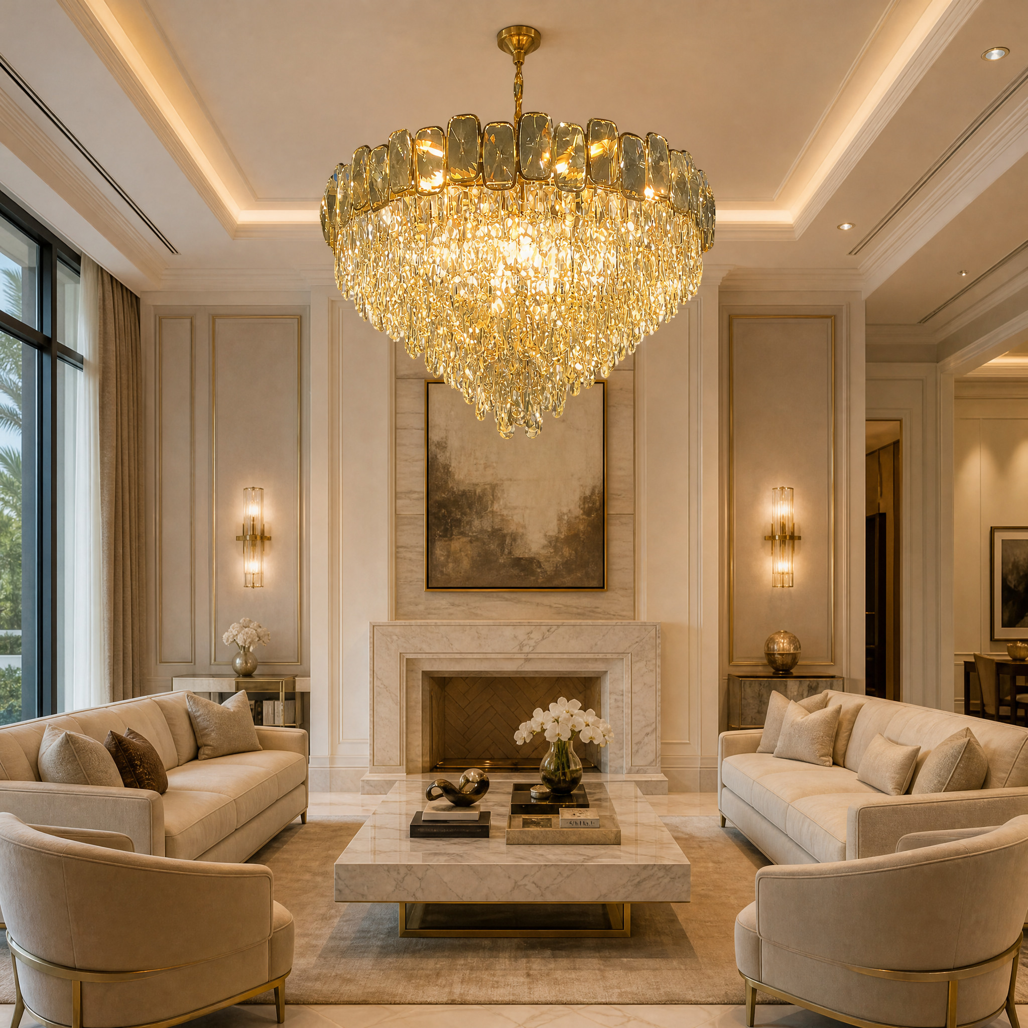 The VORELLI Edmond Circular Chandelier illuminating an upscale residential living room, casting a warm glow through its diamond-cut crystals.