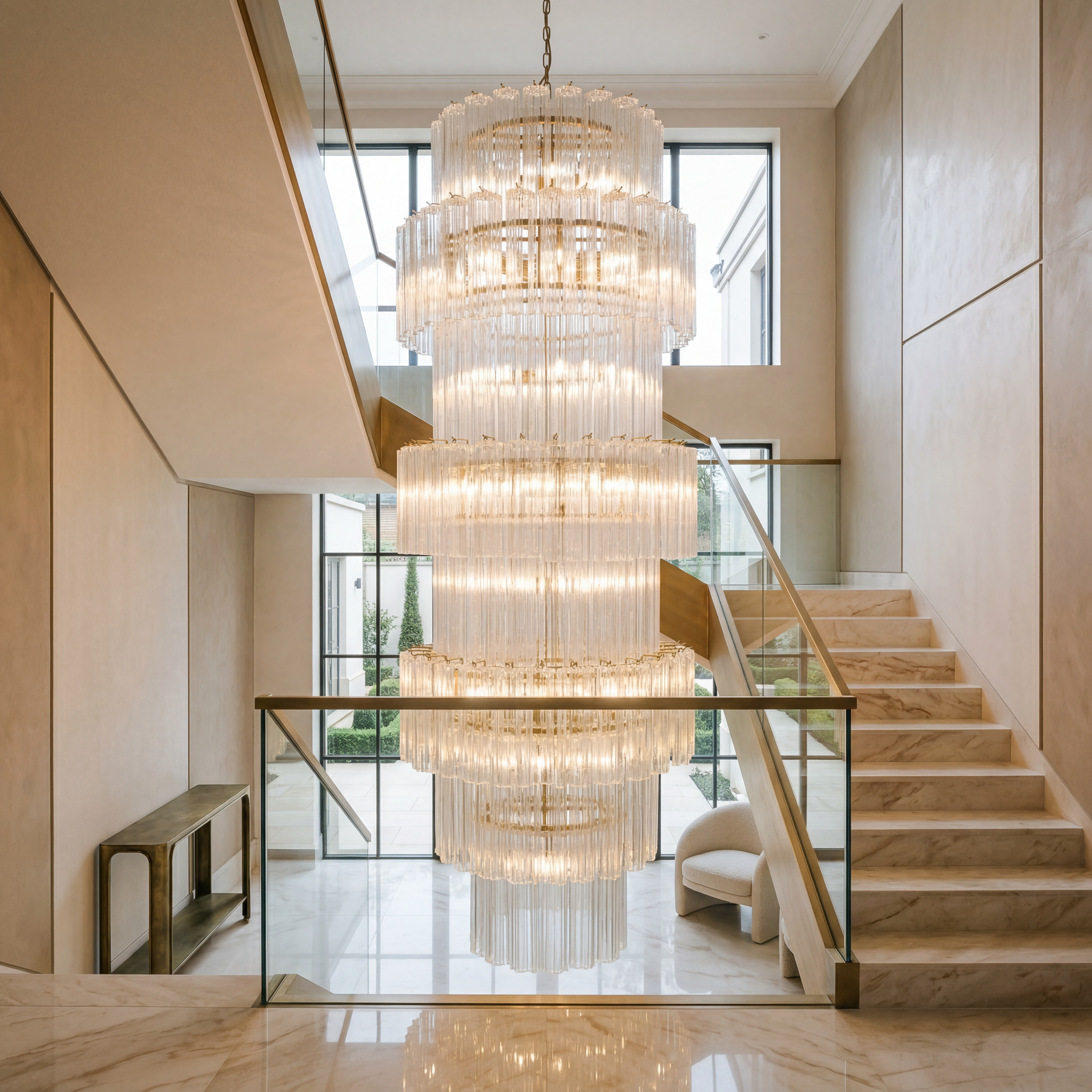 Elegant atmosphere featuring the VORELLI Mantovano Grandeur multi-tiered staircase chandelier casting a warm glow through textured glass.