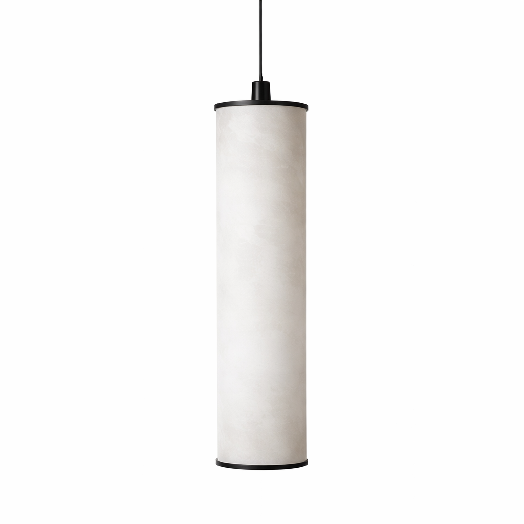 Elegant cylindrical Alvara marble light fixture suspended gracefully, highlighting premium materials and high-end design aesthetics.