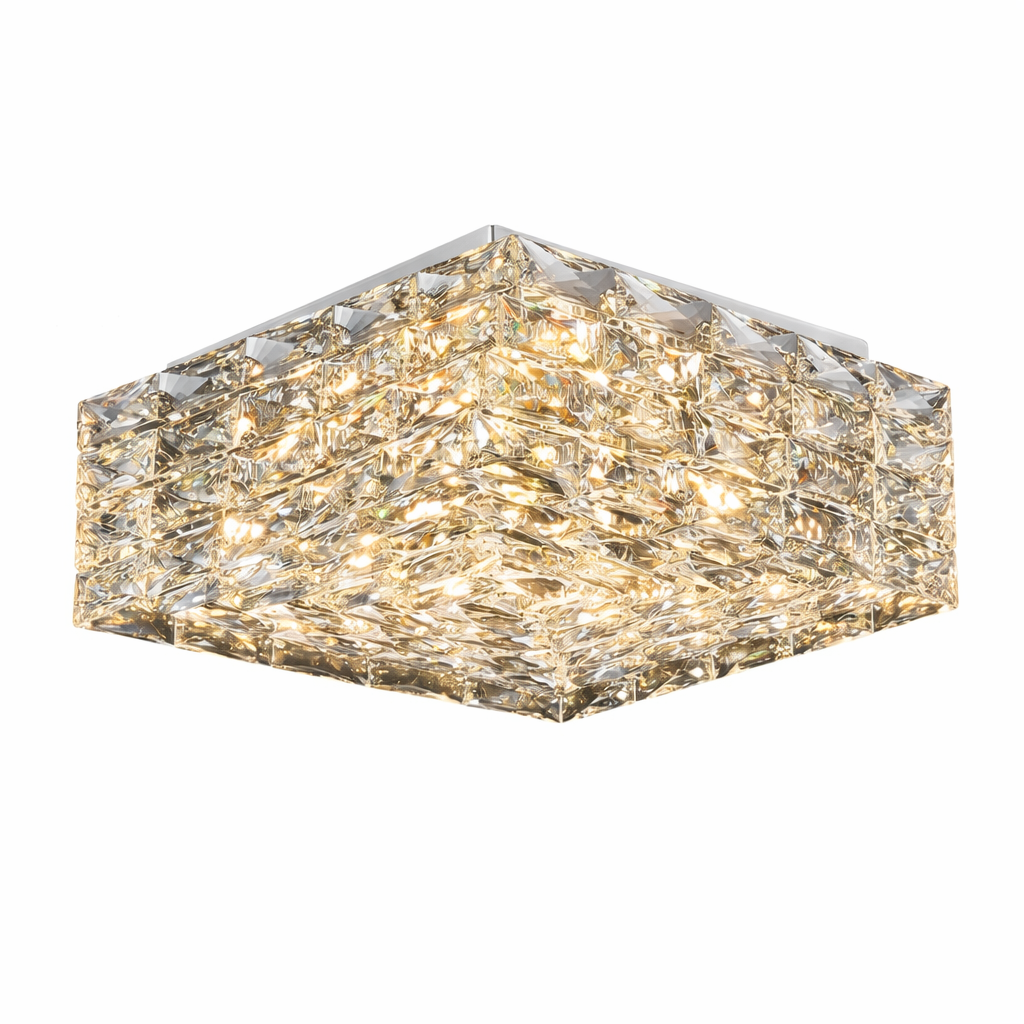 Elegant glow of the Vorelli Sitka crystal ceiling light casting a dramatic, luxurious ambiance across a modern space.