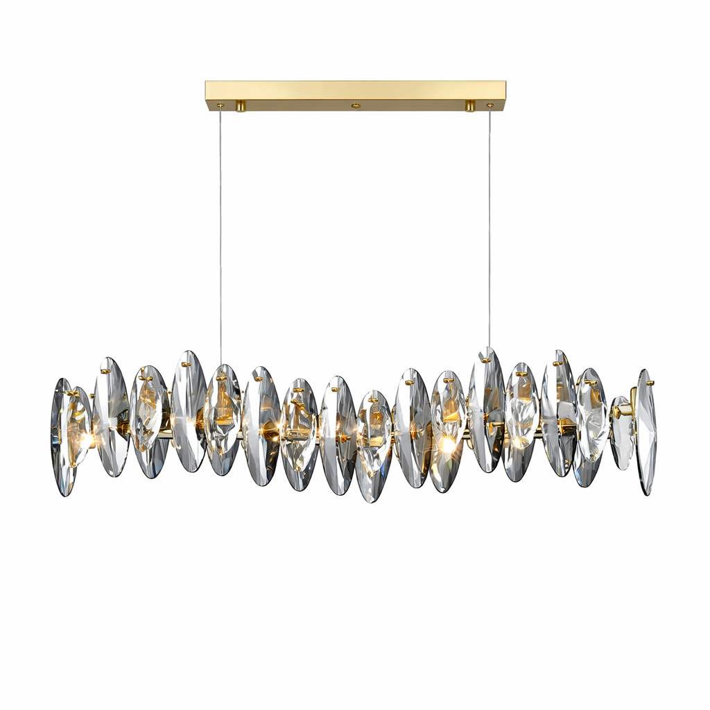 Elegant mood lighting cast by the VORELLI Oakhill rectangular chandelier accentuating a modern kitchen island.
