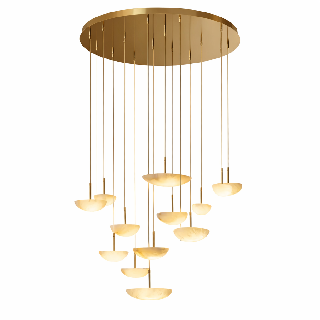 Elegant presentation of the Alba Marble Staircase Chandelier, capturing the flawless integration of natural luxury materials and modern sculptural lighting design.