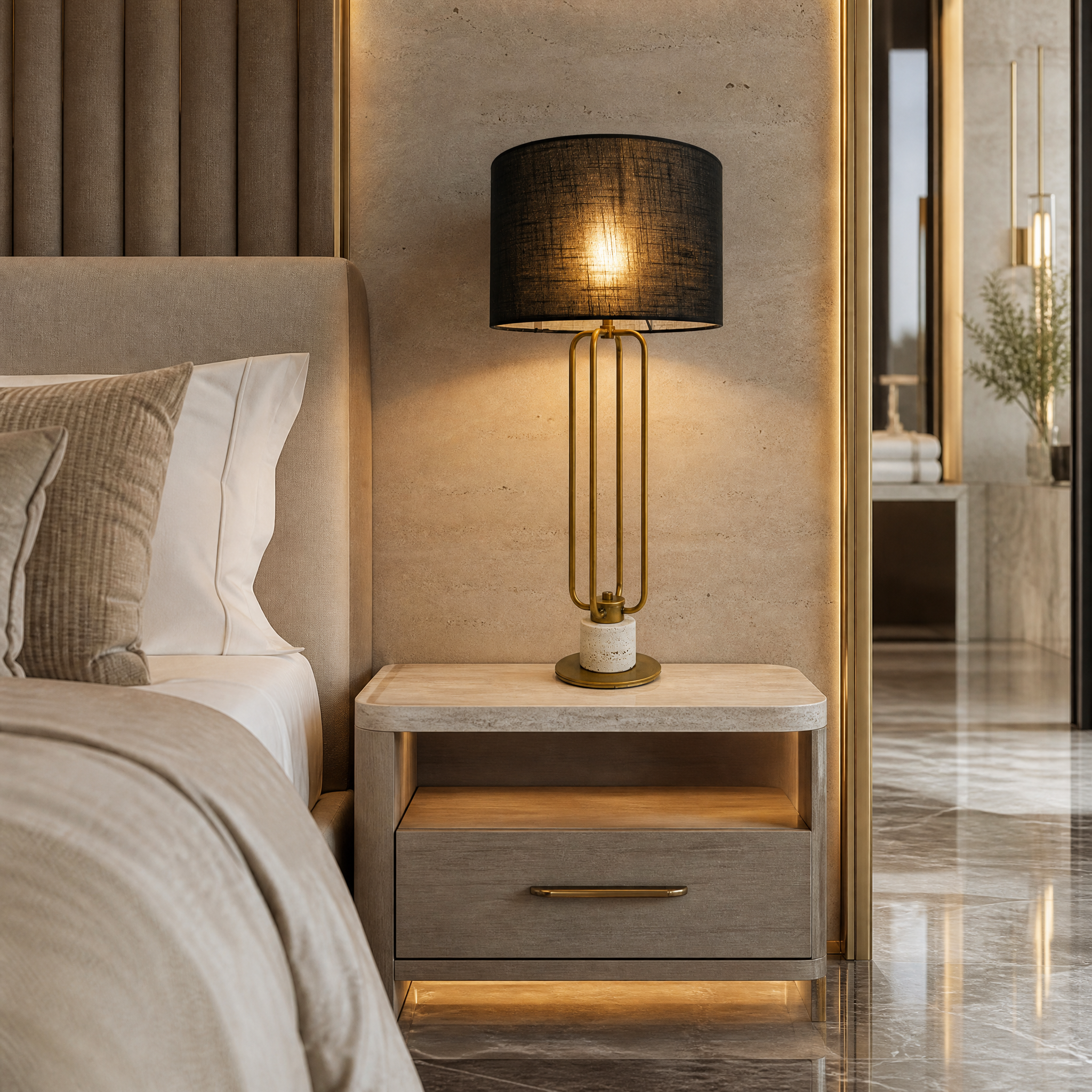 A row of Elvara sculptural brass lamps with black fabric shades creating a sophisticated mood in a contemporary luxury hotel lobby.