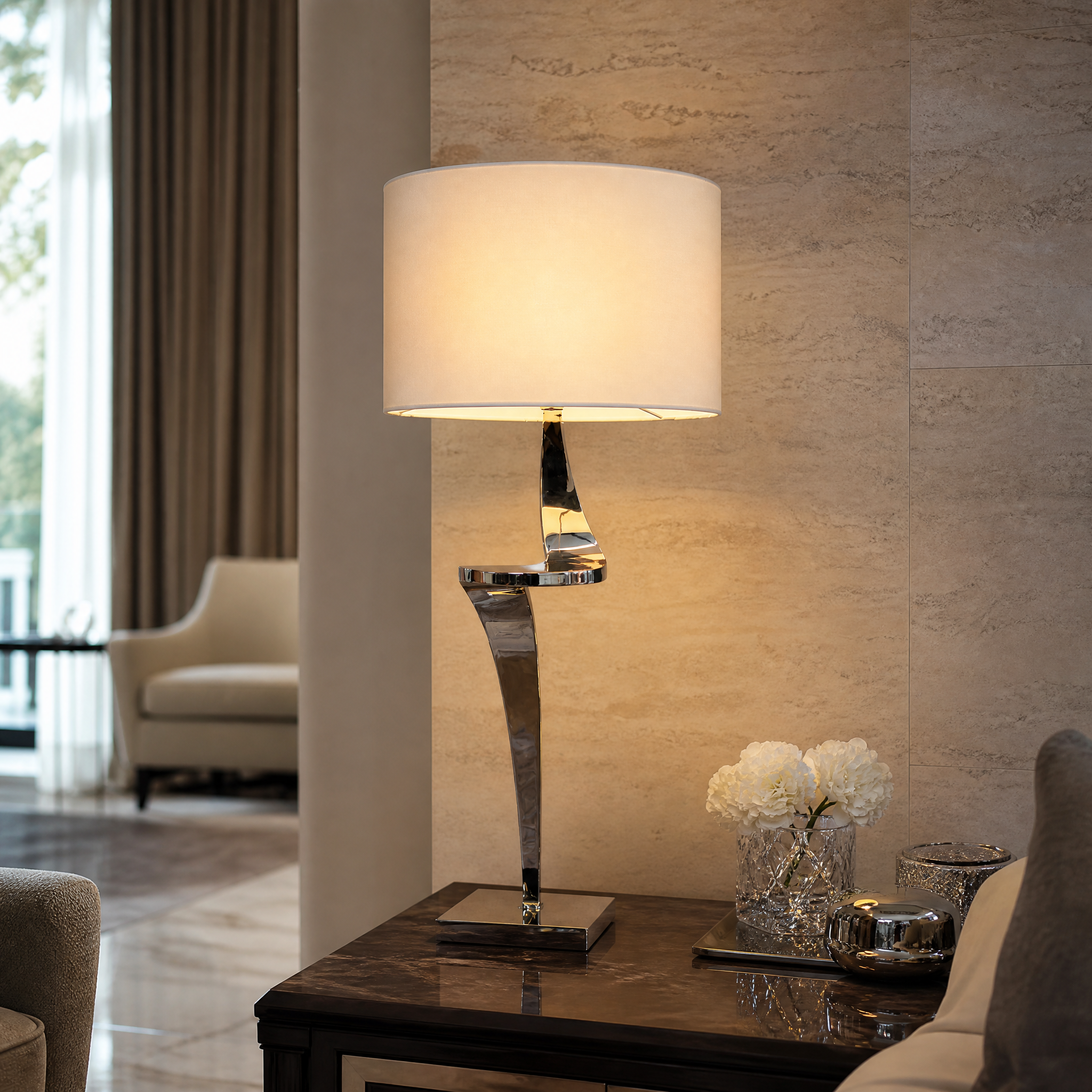 A pair of Elvoro polished nickel twist table lamps providing sophisticated bedside illumination in a luxury hotel suite.