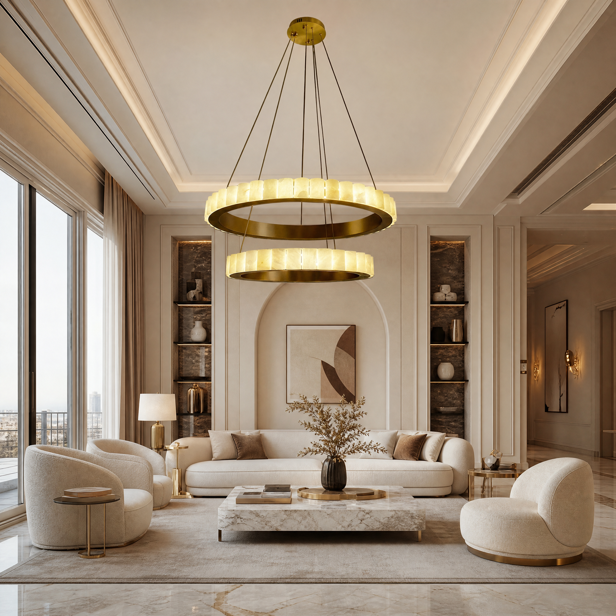 The Elysia Marble Double Ring Chandelier by VORELLI hanging in a luxury residential living room, casting a warm golden glow over high-end modern furniture.