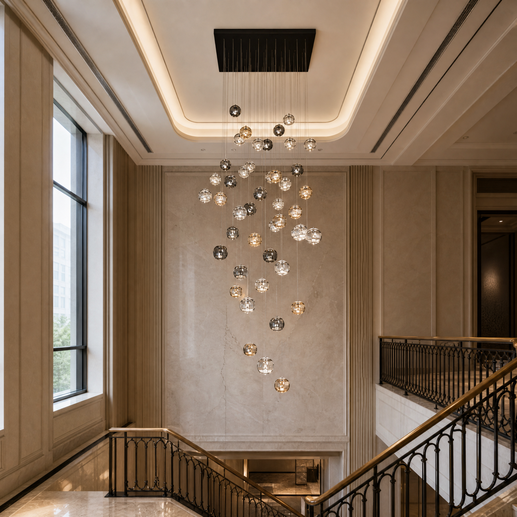 A sophisticated hospitality installation featuring the VORELLI Emiliano grand pendant chandelier creating a captivating focal point in a boutique hotel lobby.