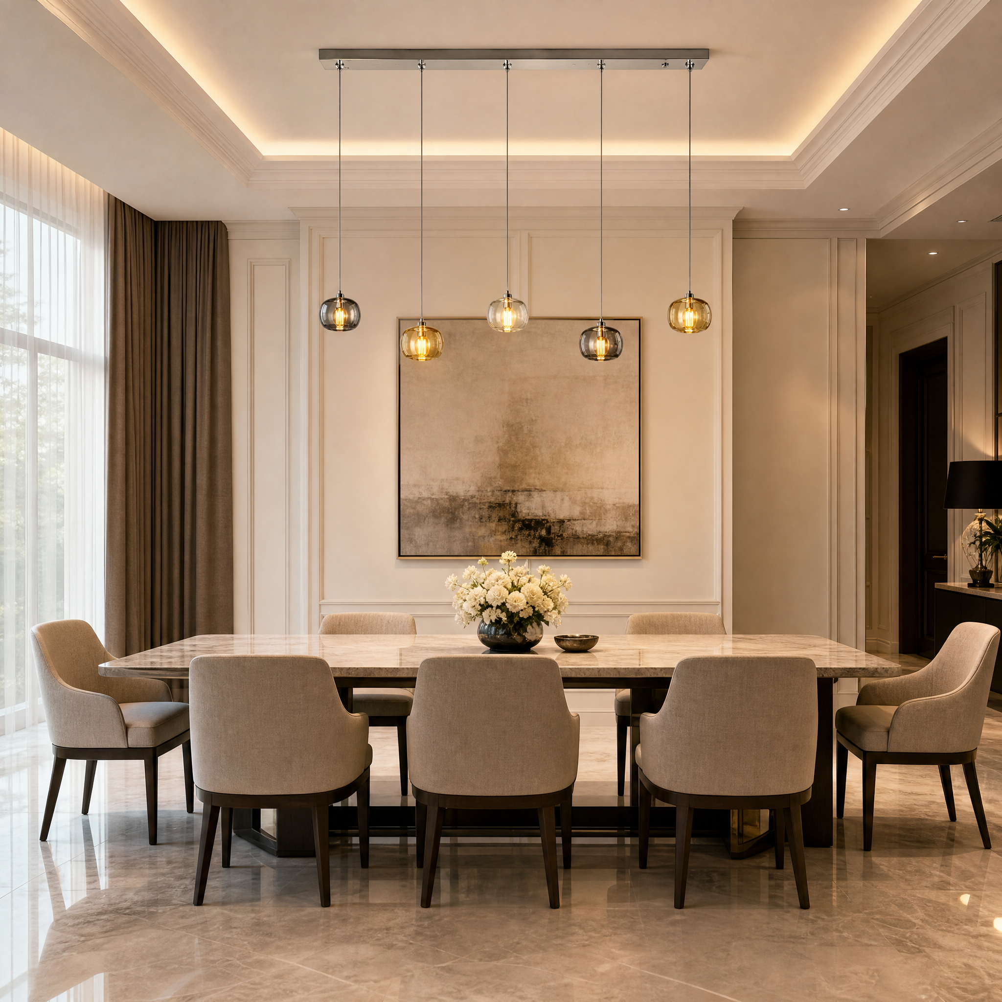 VORELLI Emiliano rectangular crystal globe chandelier casting a warm luxury glow over a contemporary residential dining room table setup.