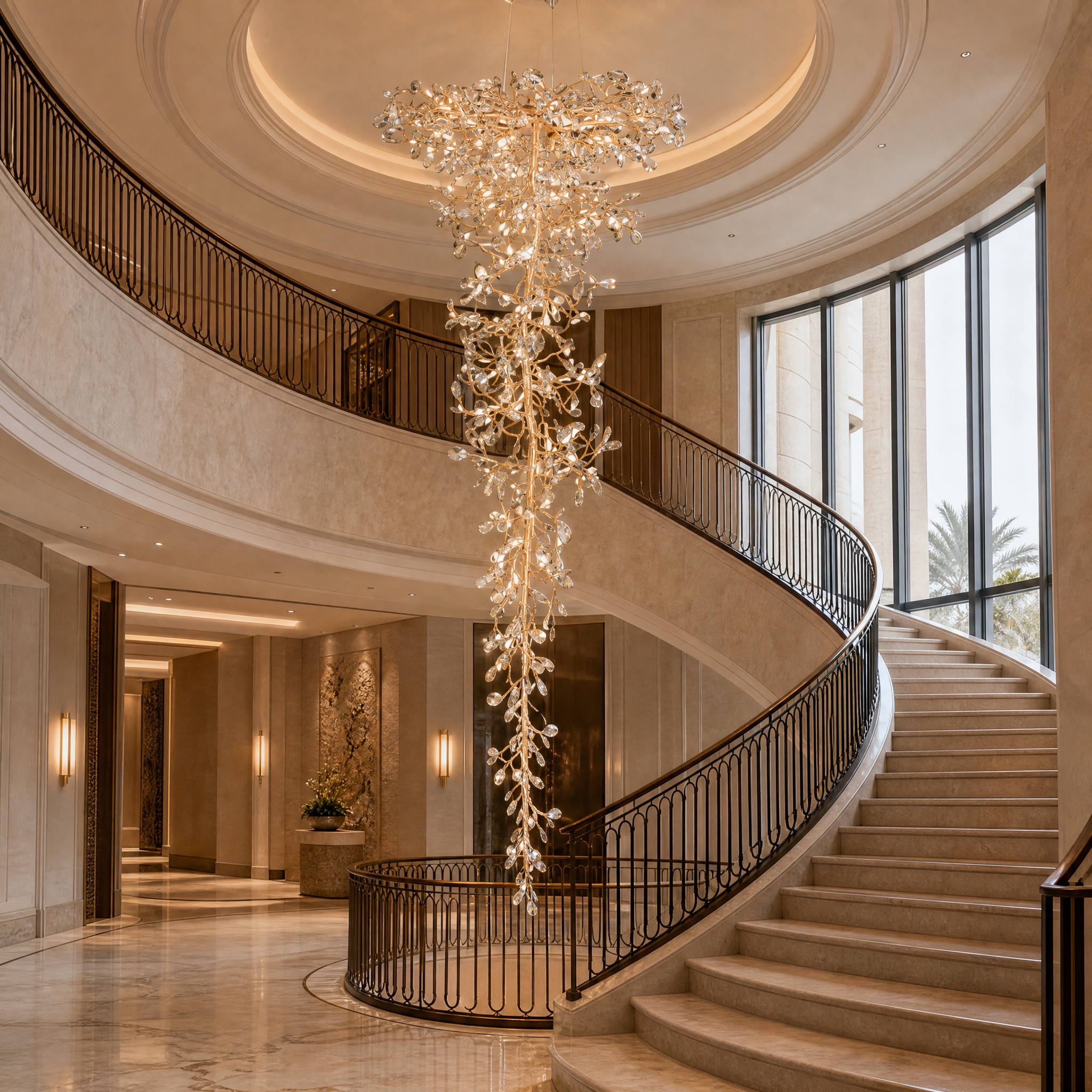 The grand Entwine celestial-inspired crystal chandelier hanging in a luxury hospitality hotel lobby staircase.