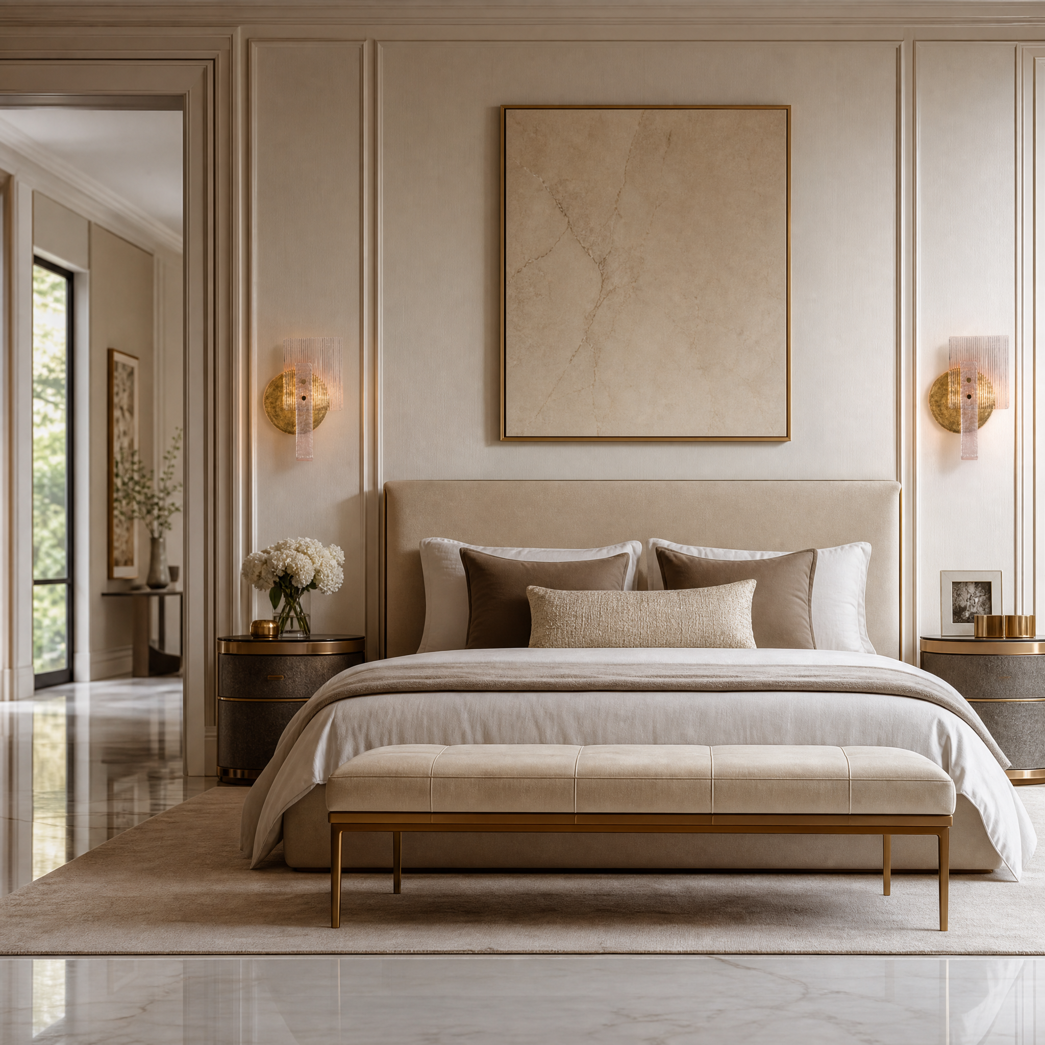 Erinna luxury wall light with a pink glass arm and brass disc illuminating a modern residential living room interior.