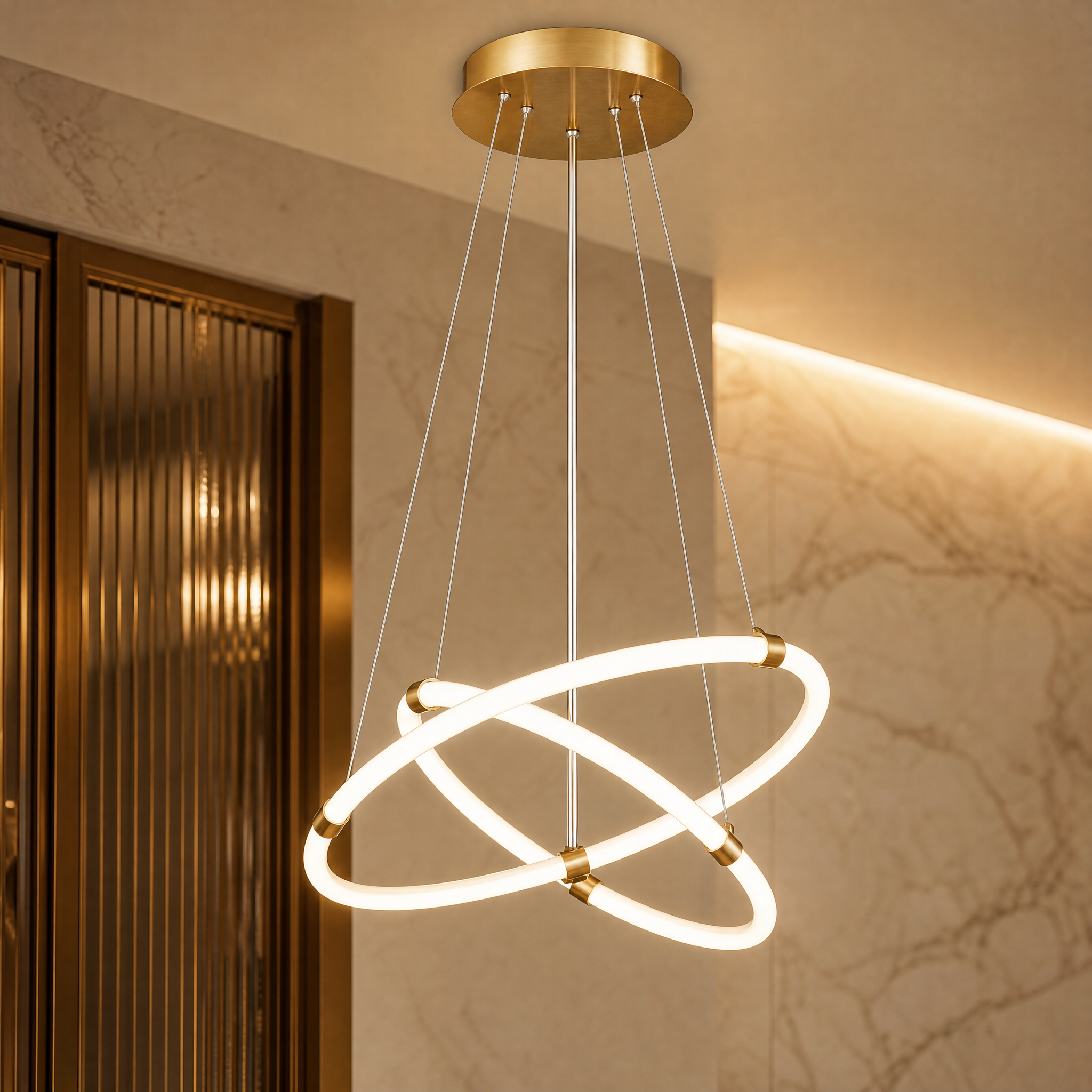 Detailed macro shot of the energy-efficient LED illumination and sleek finish on the Eros Circular Chandelier rings.