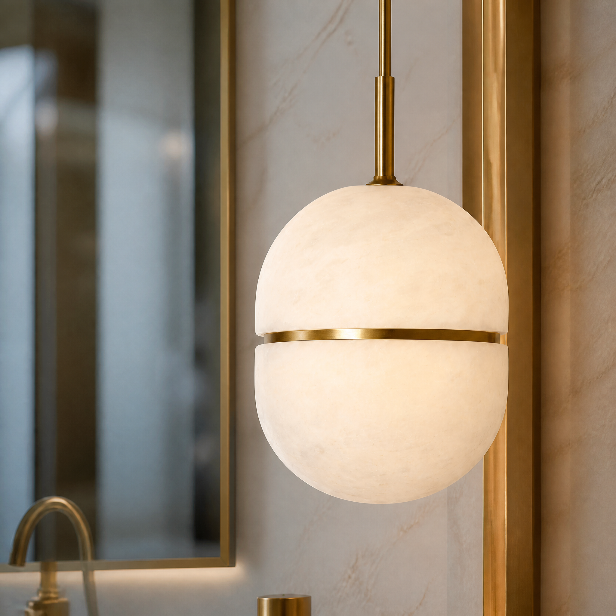 Close-up macro shot of the VORELLI Evora Pendant Light, highlighting the smooth texture and natural veining of its sculptural marble body.