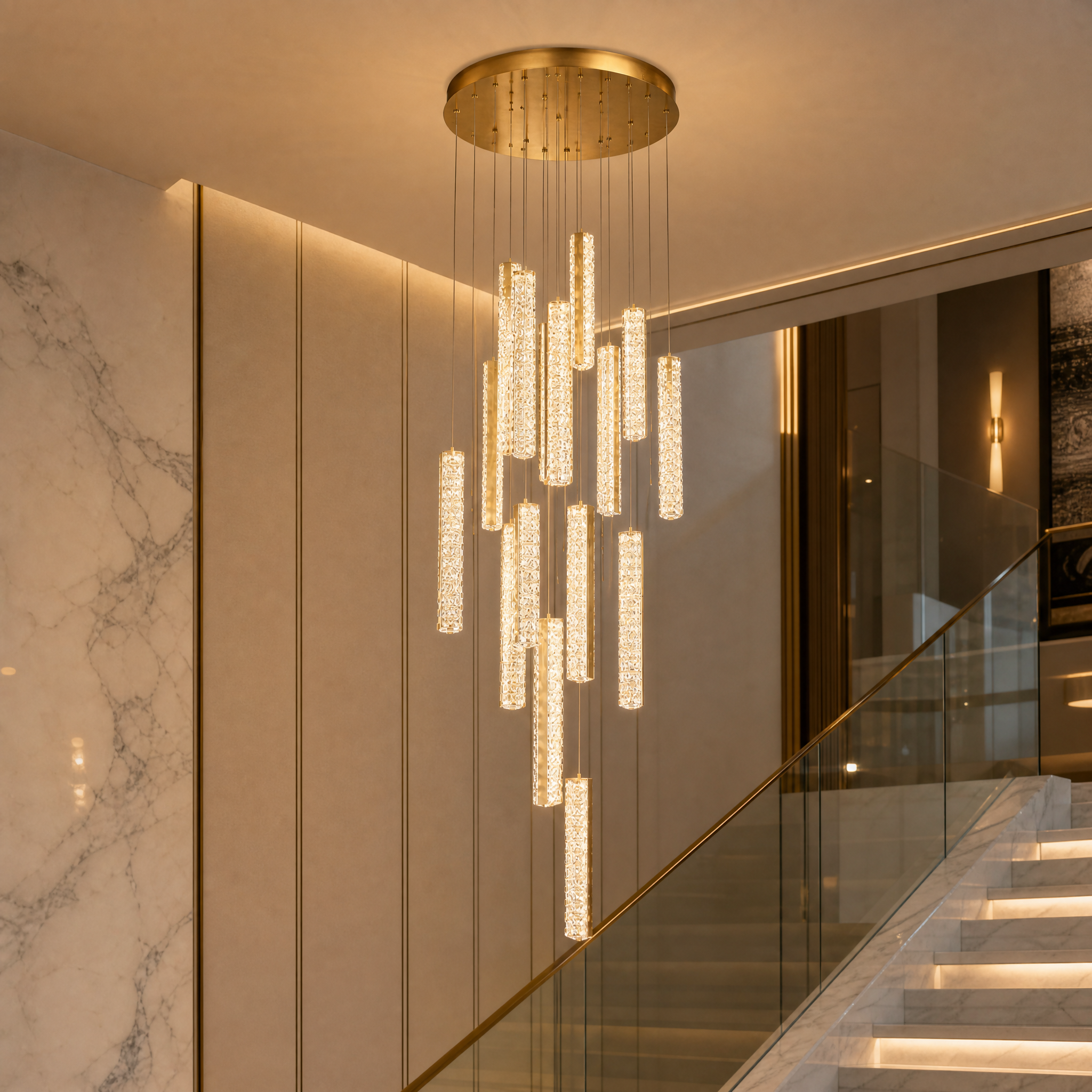 A detailed closeup shot of the VORELLI Fantasia chandelier highlighting the elegant crystal rectangle pendants and refined modern design.