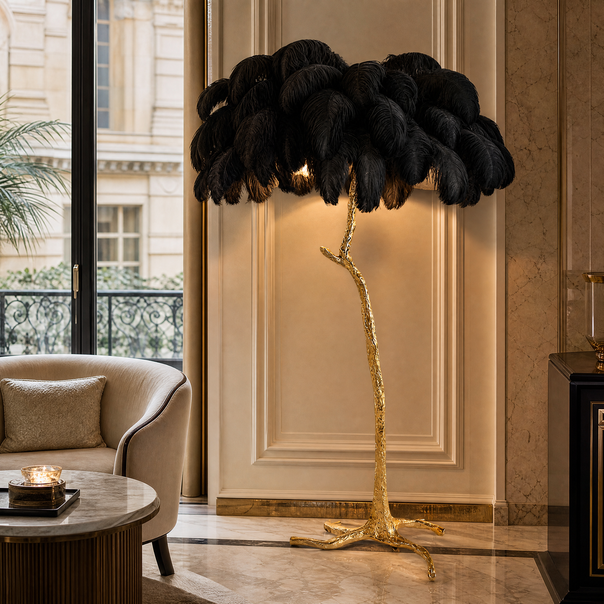 The opulent VORELLI Feather Floor Lamp with an organic gold-finished base illuminating a high-end boutique hotel lounge.