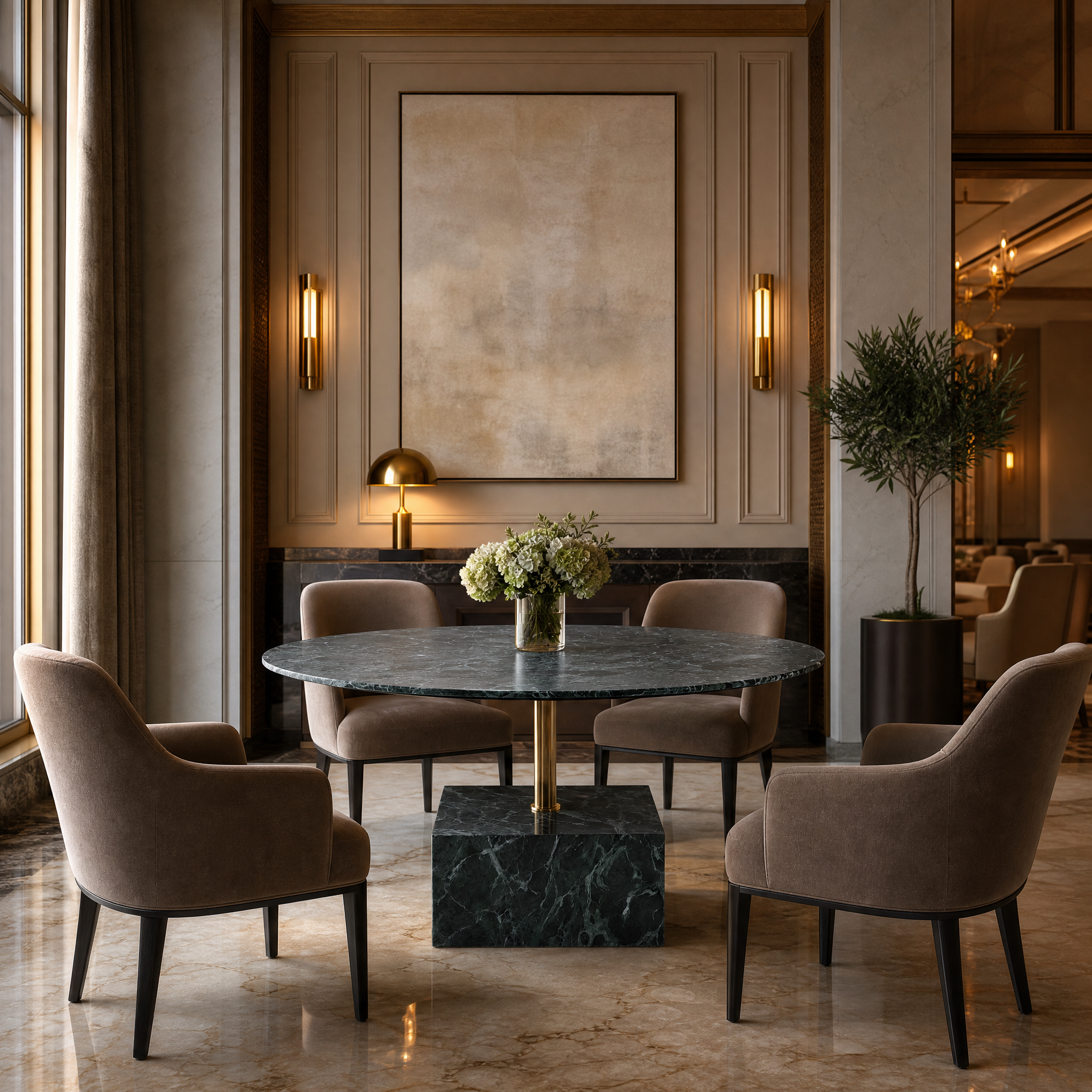 Luxury VORELLI Fenicino marble top dining tables arranged in an upscale open-plan hospitality or restaurant setting.