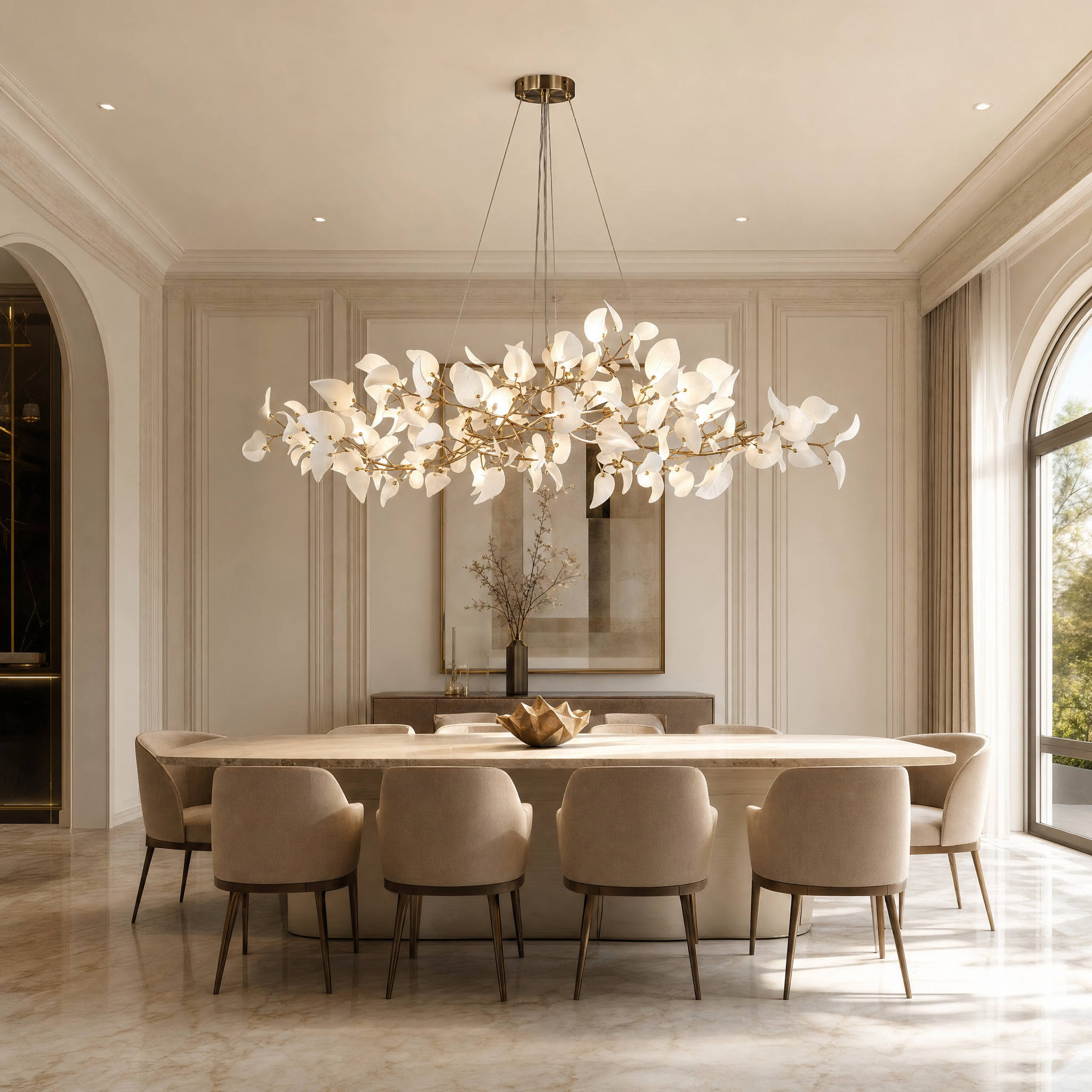 The Fiorella rectangular chandelier hanging elegantly above a luxury dining room table, casting a soft glow over a contemporary interior setting.