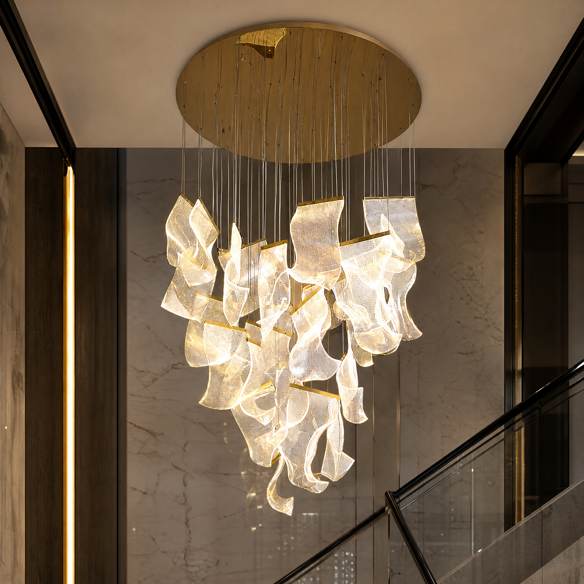 Detailed close-up of the flowing acrylic pendants and built-in LED chip technology on the VORELLI Fluente chandelier.