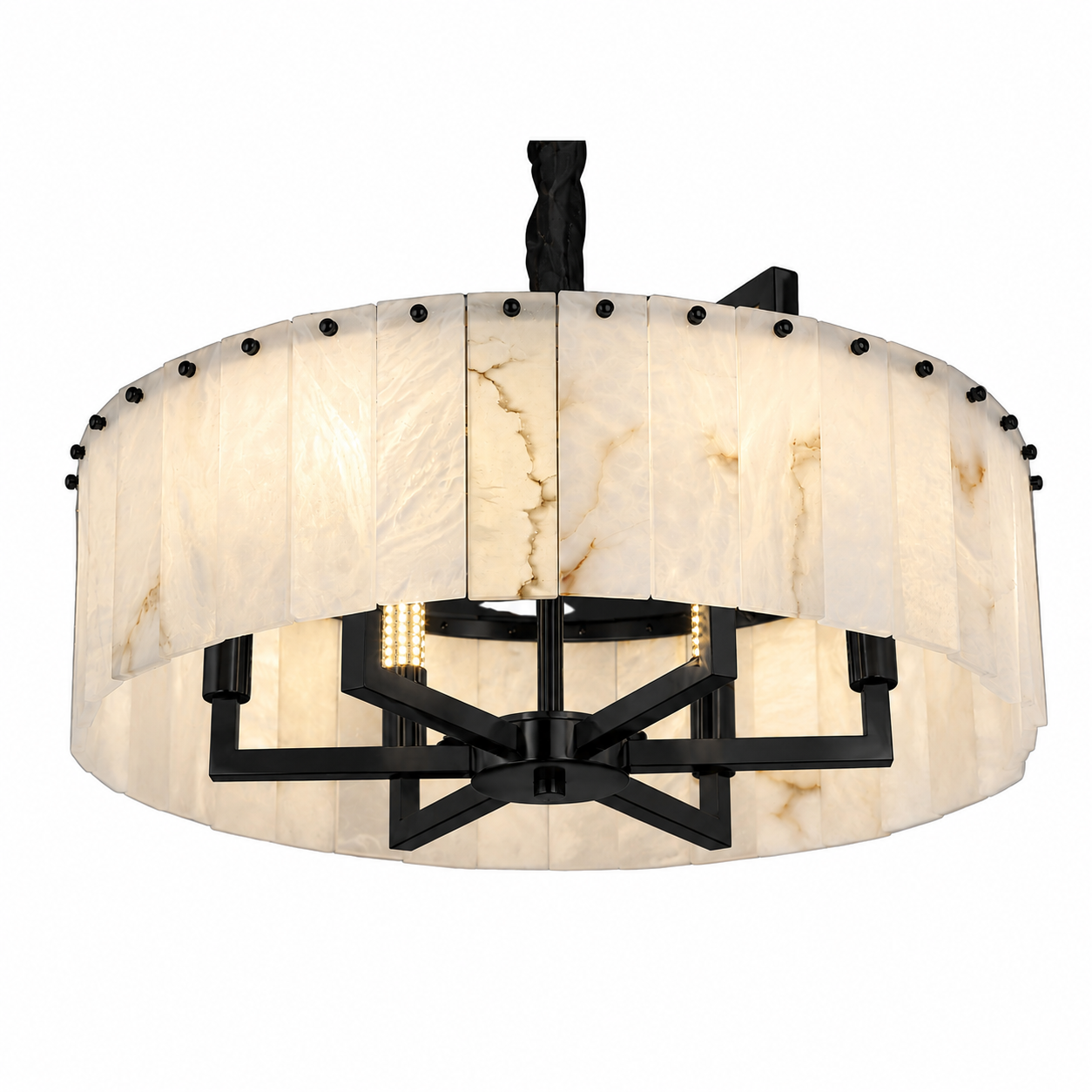 Focus on the seamless integration of marble and metal in the Classico circular chandelier design.