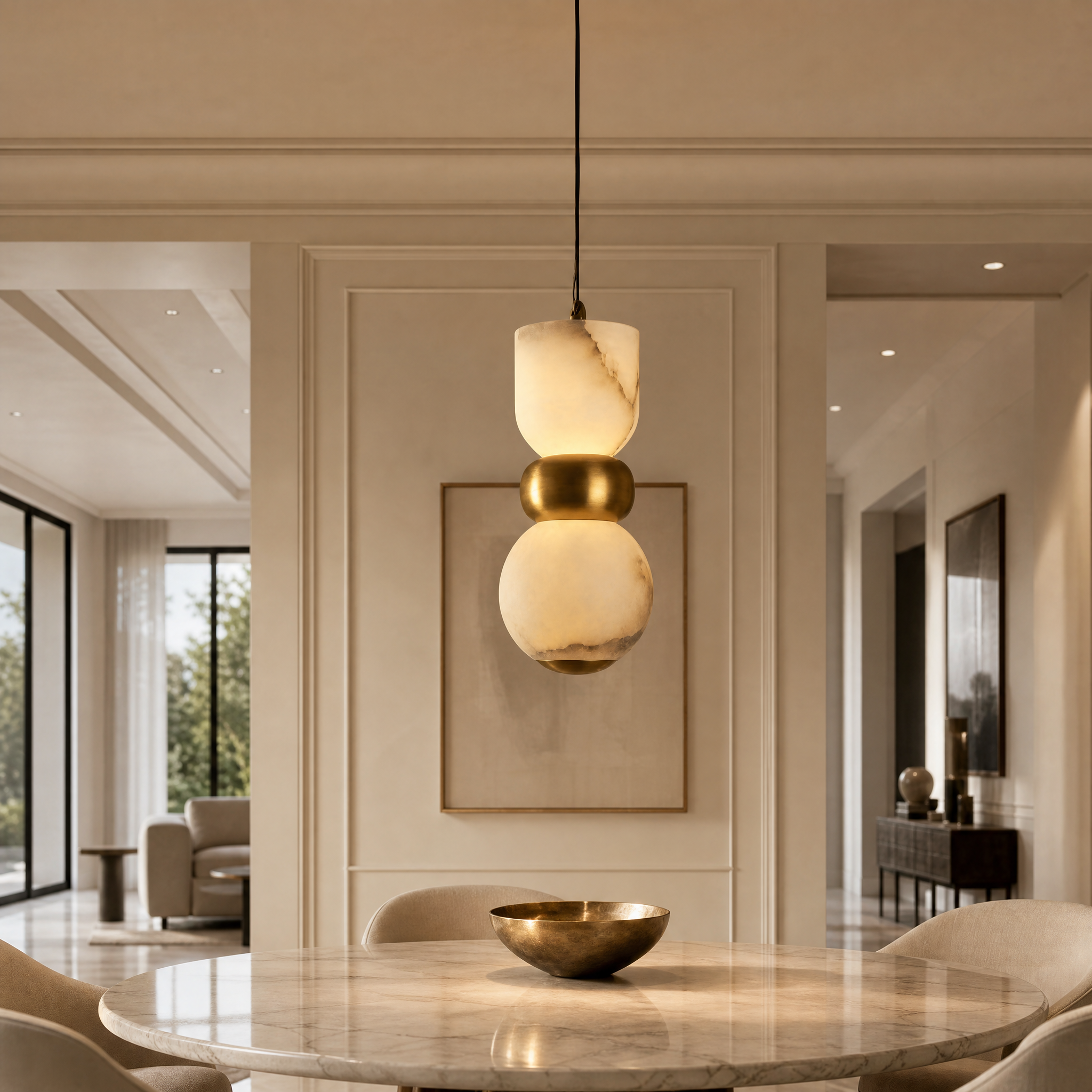 Forma marble pendant light by Vorelli casting a warm ambient glow over a contemporary residential living room setting.